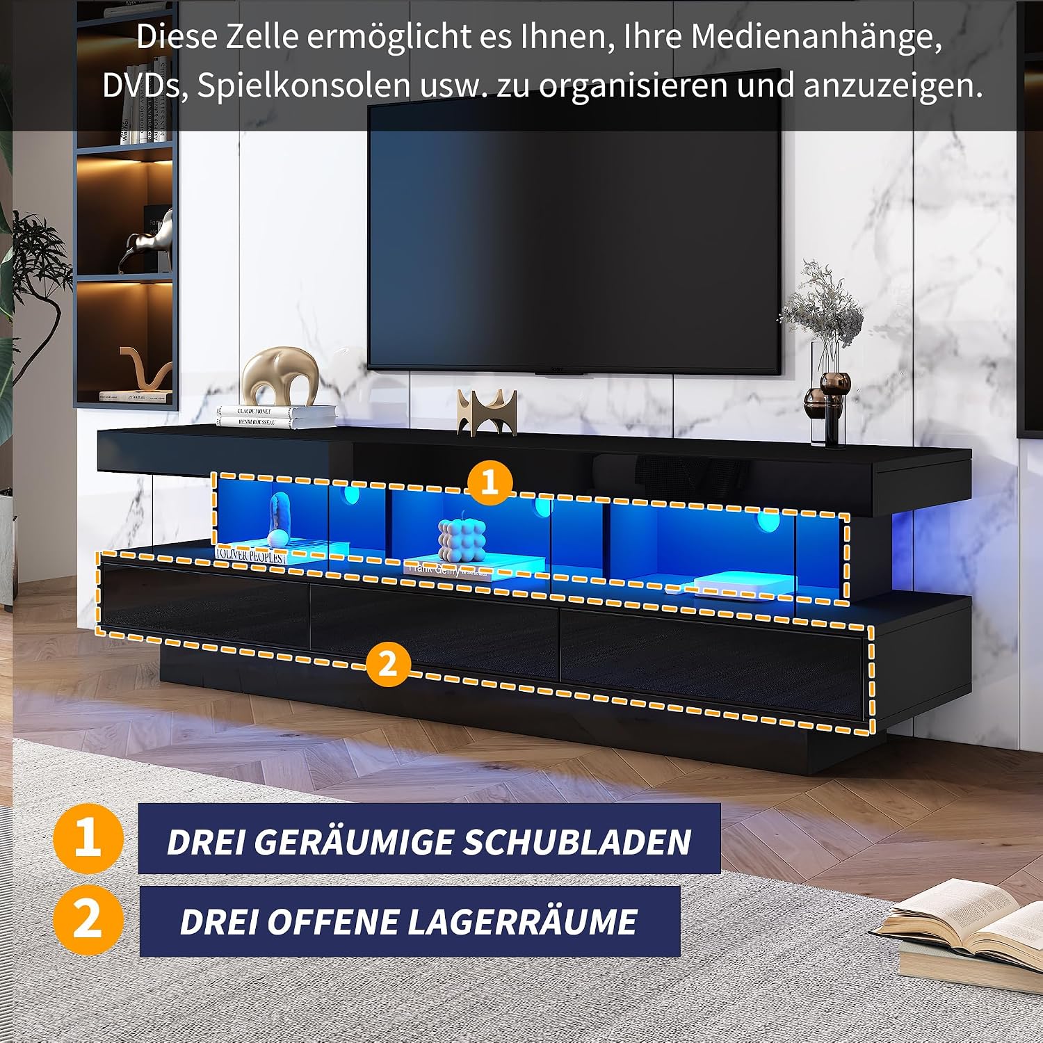 Merax Hochglanz TV Schrank mit LED-Beleuchtung, App-Steuerung, Bluetooth-verbunden, Lowboard Sideboard TV-Kommode Fernsehschrank Fernsehtisch für 70-Zoll-TVs, mit 3 Glasfächern, Schwarz/160x38x50.5cm — Ansicht 6
