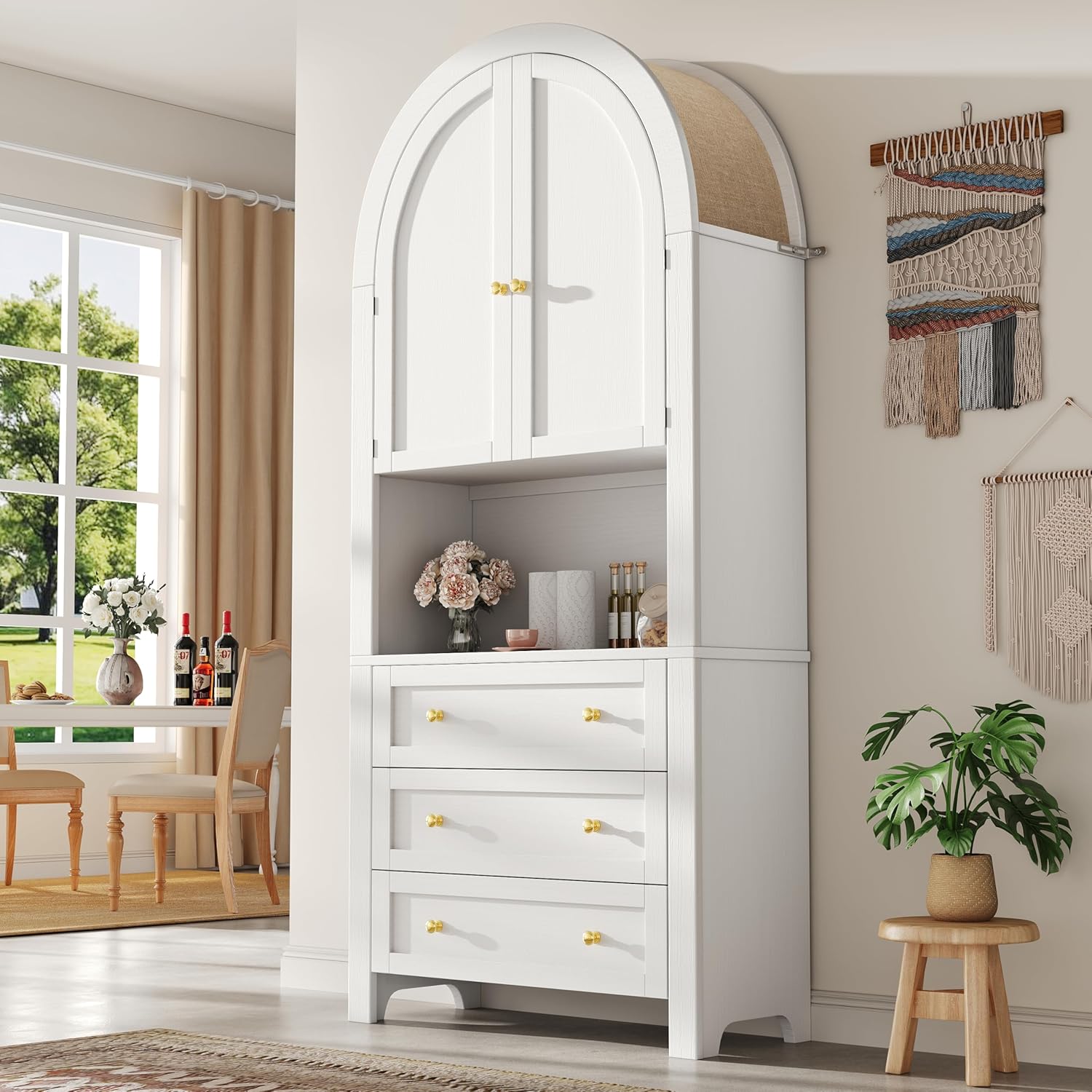 Merax Hochschrank Aufbewahrungsschrank 180cm, Mehrzweckschrank mit 2 Türen, 3 Schubladen, Offener Lagerraum, Vitrinenschrank für Wohnzimmer Büro Küche, freistehende Hoher Bogen-Küchenschrank, Weiß — Ansicht 3
