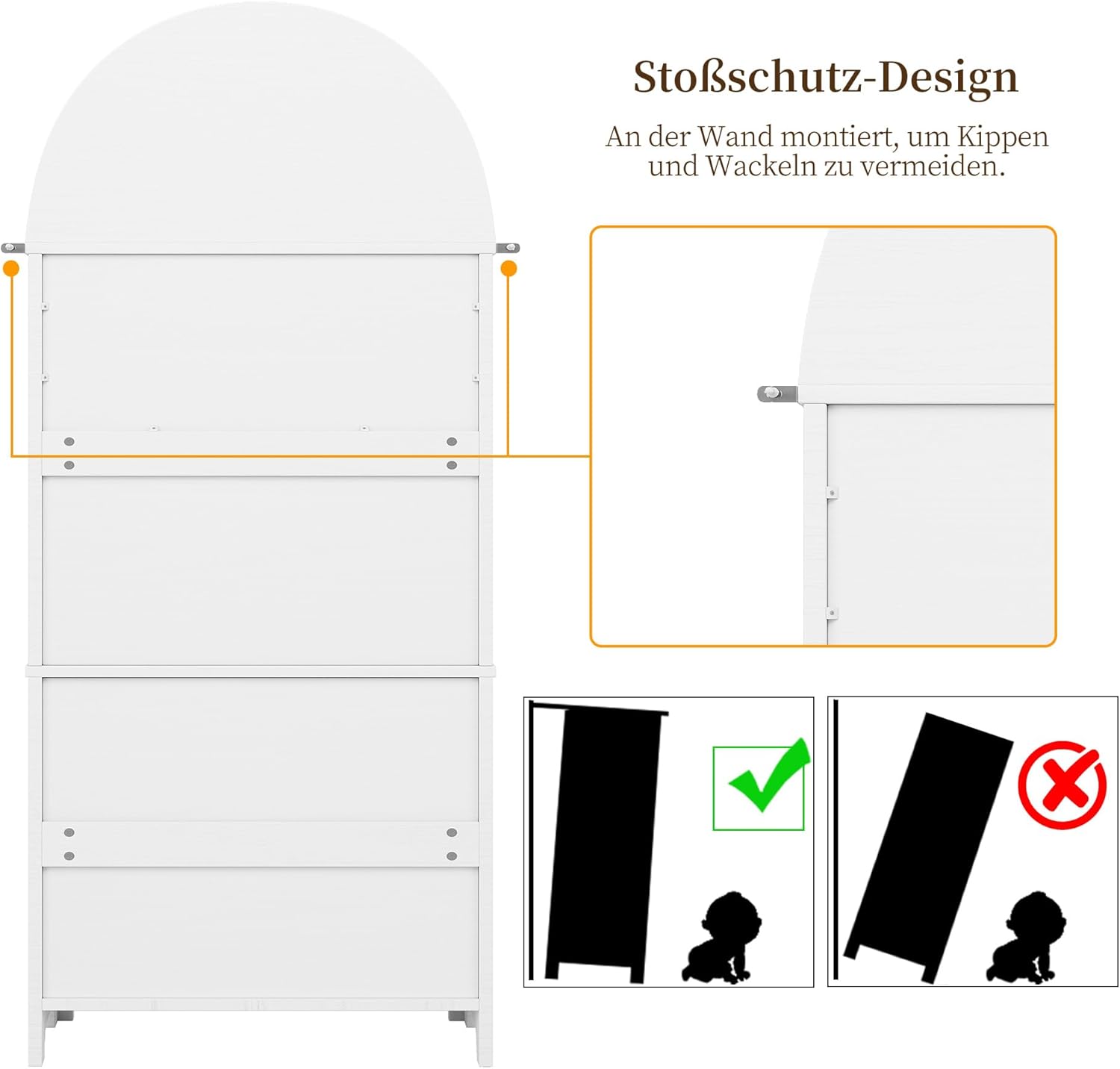 Merax Hochschrank Aufbewahrungsschrank 180cm, Mehrzweckschrank mit 2 Türen, 3 Schubladen, Offener Lagerraum, Vitrinenschrank für Wohnzimmer Büro Küche, freistehende Hoher Bogen-Küchenschrank, Weiß — Ansicht 6