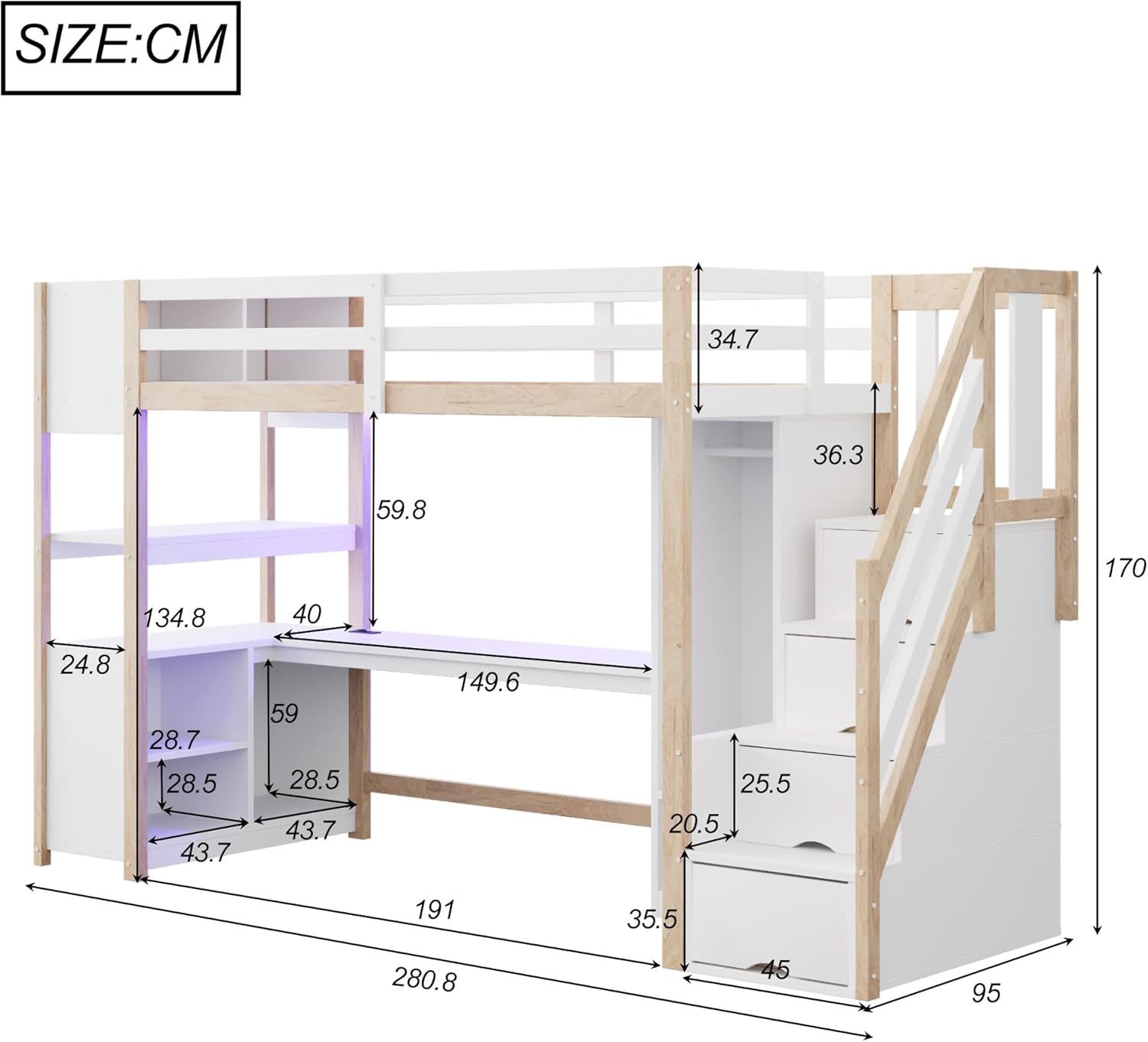 Merax Holz Hochbett 90 x 200 cm, mit Schreibtisch, Kleiderschrank, Treppe mit Stauraum, Regal und Ablagefach, Hochbett mit LED Lichtleiste und Steckdose, weiß & Holzfarbe (ohne Matratze) — Ansicht 2