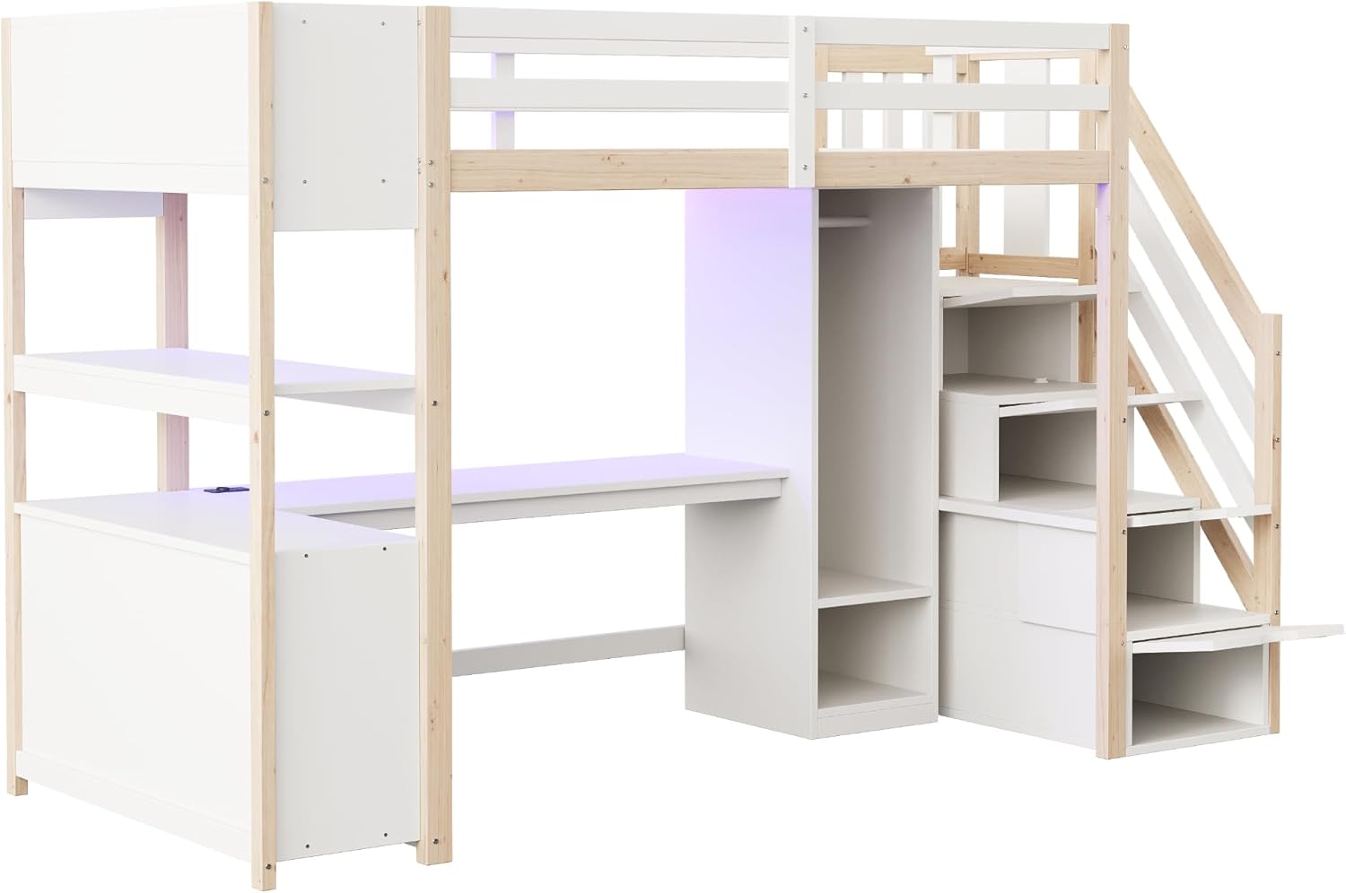 Merax Holz Hochbett 90 x 200 cm, mit Schreibtisch, Kleiderschrank, Treppe mit Stauraum, Regal und Ablagefach, Hochbett mit LED Lichtleiste und Steckdose, weiß & Holzfarbe (ohne Matratze) — Ansicht 6
