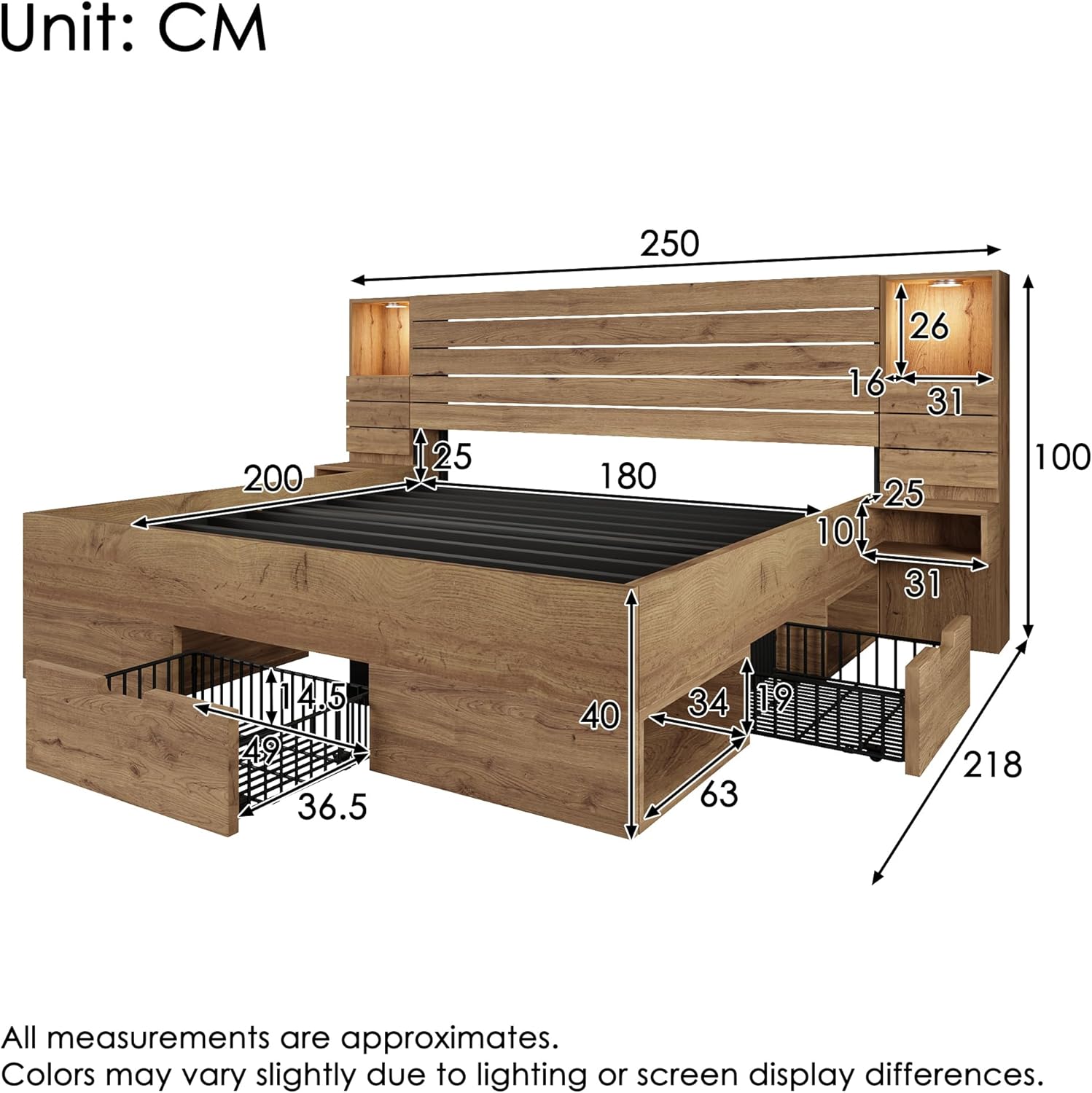 Merax Holzbett 180x200cm mit LED-Leicht & Ladefunktion, Doppelbett mit Nachttische & Schubladen & Staufächer, Multifunktional Stauraumbett mit Metall-Lattenrost, Jugendbett, ohne Matratze, Eichenoptik — Ansicht 2