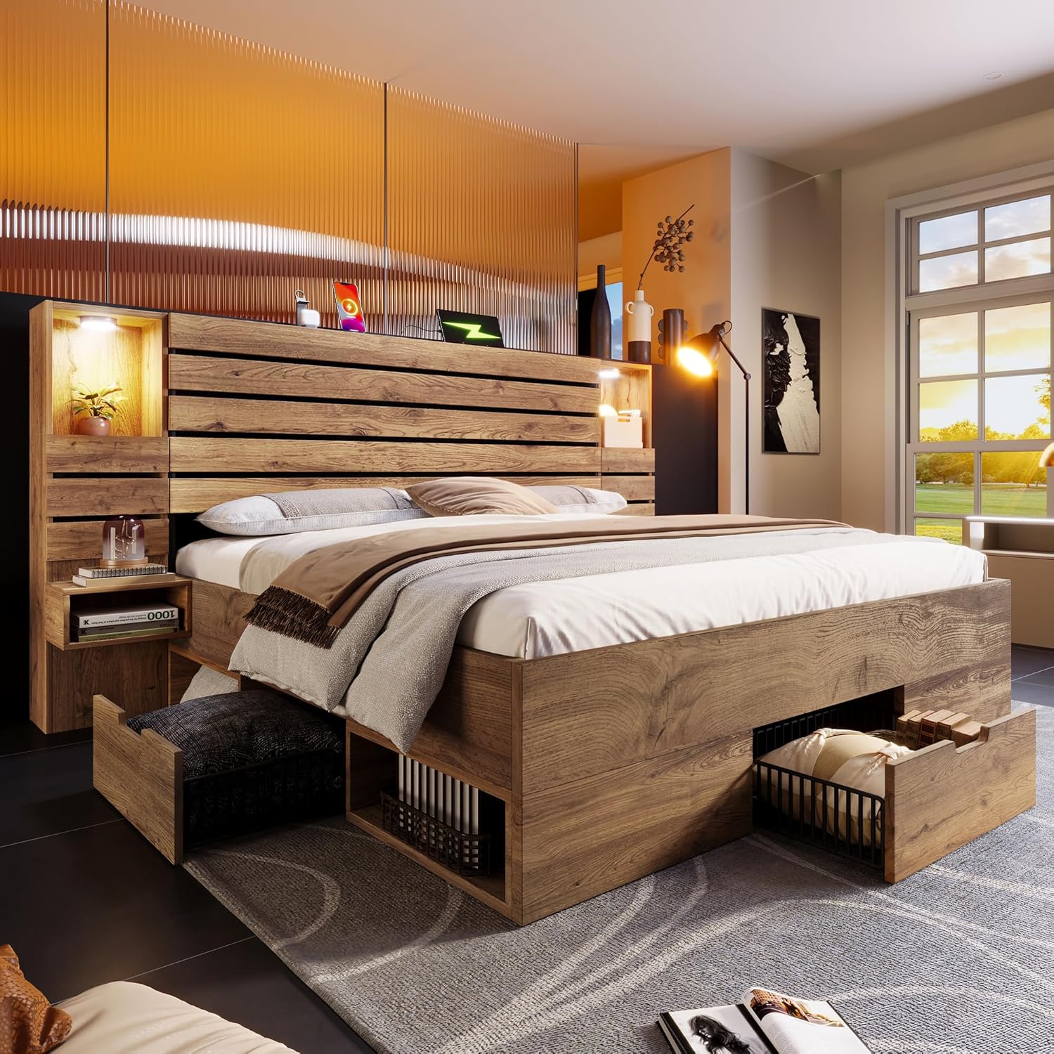 Merax Holzbett 180x200cm mit LED-Leicht & Ladefunktion, Doppelbett mit Nachttische & Schubladen & Staufächer, Multifunktional Stauraumbett mit Metall-Lattenrost, Jugendbett, ohne Matratze, Eichenoptik