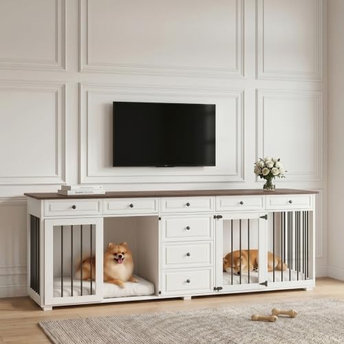 Merax Hundekäfig für 2 kleine bis mittelgroße Hunde, Hundebox für Zuhause im Möbeldesign mit 8 Schubladen und Verschlüssen, Hundehütte Indoor als TV-Schrank, 200 x 60 x 85 cm, Nussbaum/Weiß — Ansicht 6
