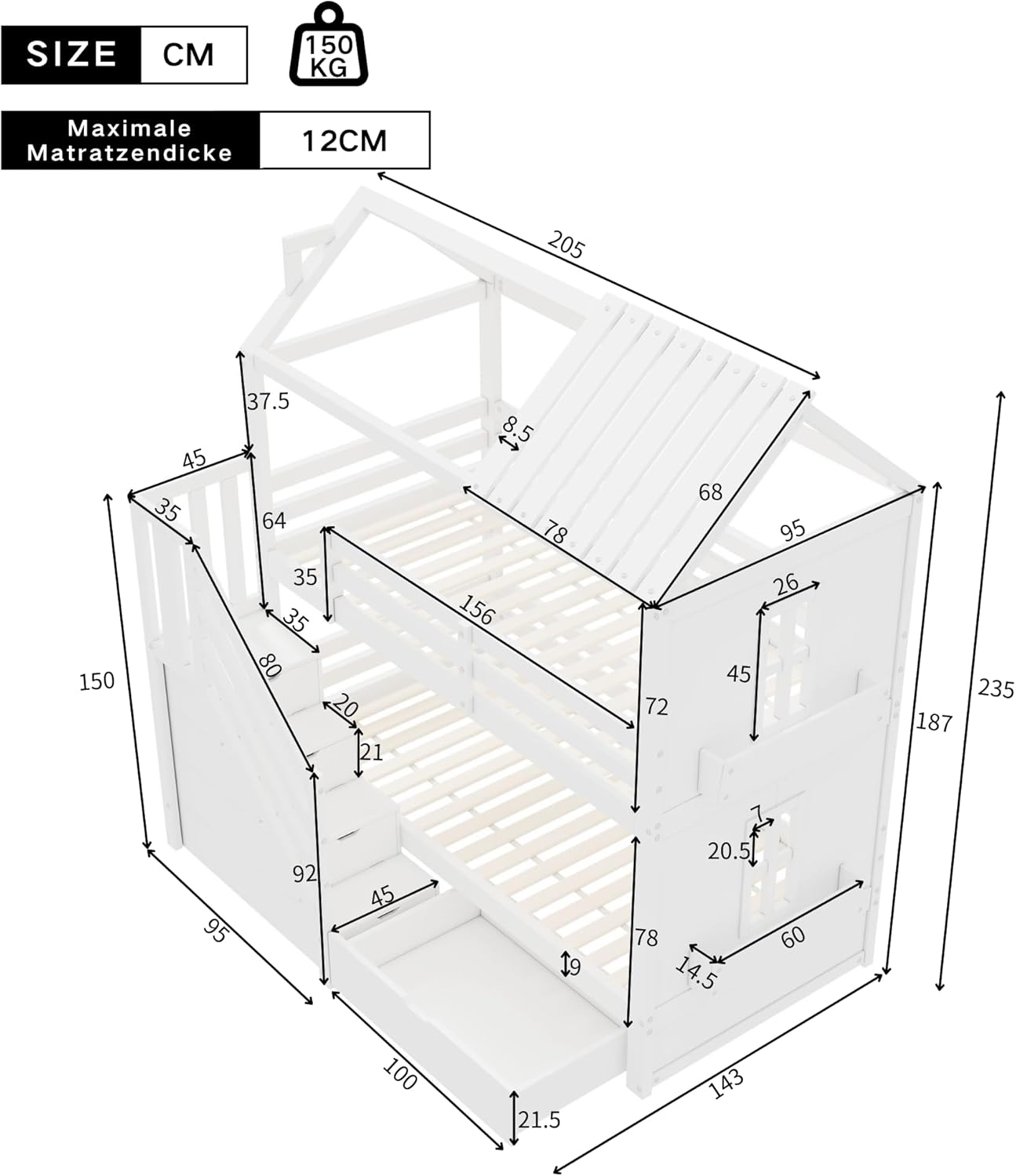 Merax Kinder-Etagenbett 90x200 cm, multifunktionales Hochbett aus Kiefer & MDF mit Stauraumtreppe, Schubladen & Regalen, großer Stauraum, für Schlafzimmer, Weiß (ohne Matratze) — Ansicht 2