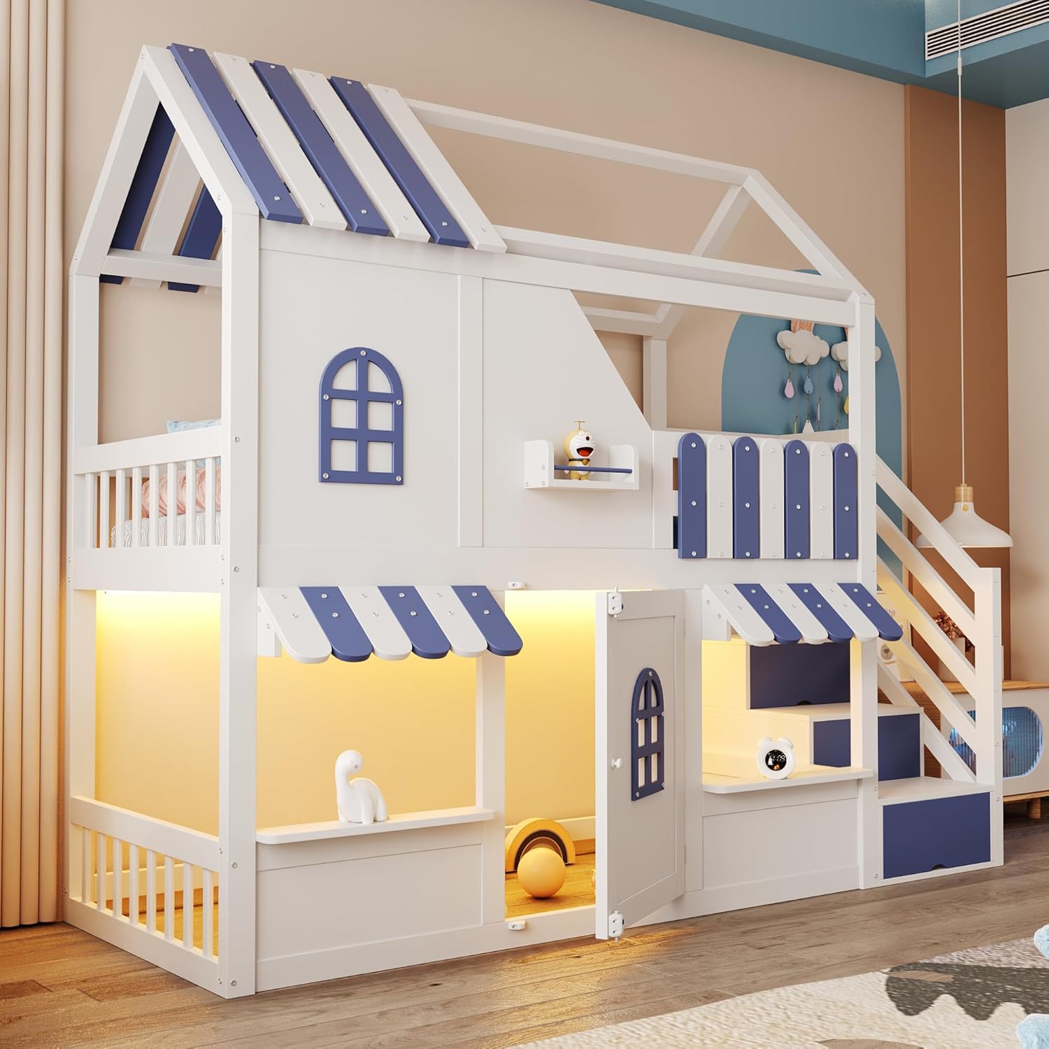 Merax Kinder-Hochbett 90x200 cm, Hausbett mit Dach, Fenstern, Tür, LED-Beleuchtung, Stauraumleiter, Regale, Holzrahmen, Etagenbett, Weiß-Blau (ohne Matratze) — Ansicht 4