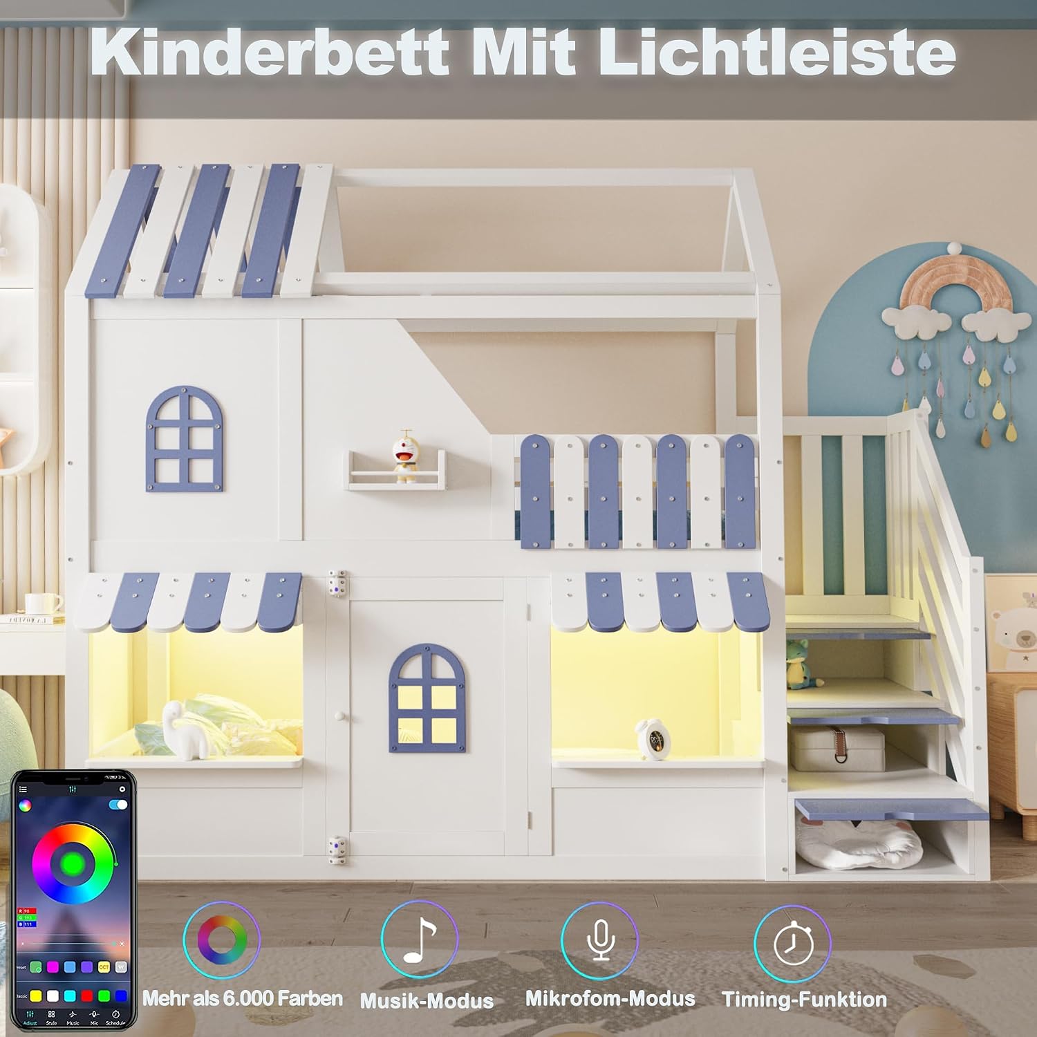 Merax Kinder-Hochbett 90x200 cm, Hausbett mit Dach, Fenstern, Tür, LED-Beleuchtung, Stauraumleiter, Regale, Holzrahmen, Etagenbett, Weiß-Blau (ohne Matratze) — Ansicht 5
