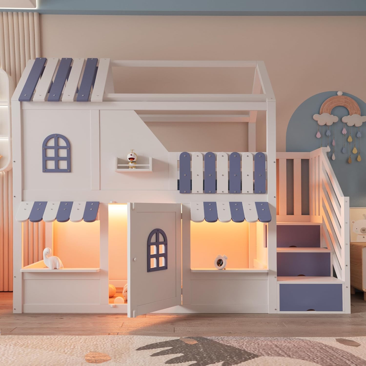 Merax Kinder-Hochbett 90x200 cm, Hausbett mit Dach, Fenstern, Tür, LED-Beleuchtung, Stauraumleiter, Regale, Holzrahmen, Etagenbett, Weiß-Blau (ohne Matratze)