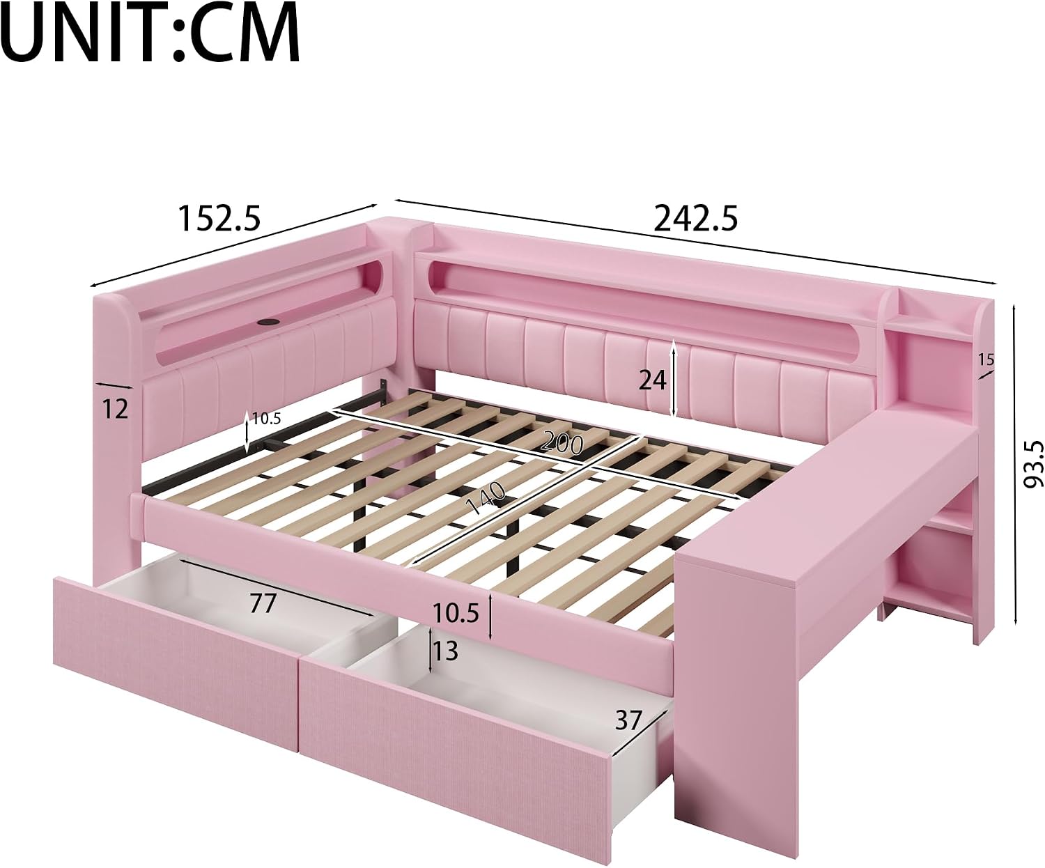Merax Kinderbett 140x200 cm Tagesbett mit gepolstertem Kopfteil, LED-Ablagefach, Multifunktionsbett mit Schreibtisch, USB-Steckdose und 2 Schubladen, Holzbett mit Lattenrost (Ohne Matratze), Rosa — Ansicht 2