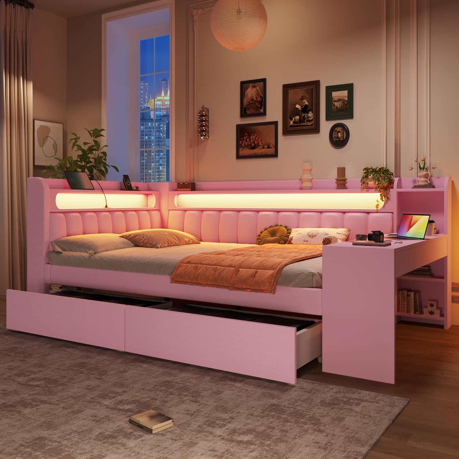 Merax Kinderbett 140x200 cm Tagesbett mit gepolstertem Kopfteil, LED-Ablagefach, Multifunktionsbett mit Schreibtisch, USB-Steckdose und 2 Schubladen, Holzbett mit Lattenrost (Ohne Matratze), Rosa — Ansicht 5