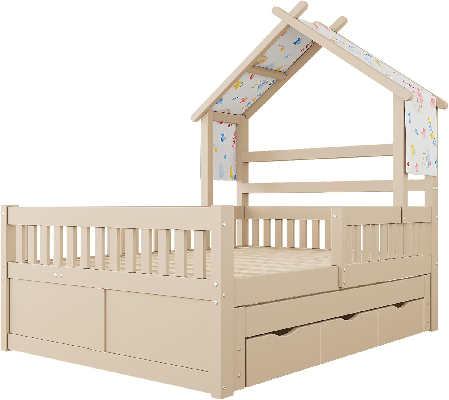Merax Kinderbett 140x200 Hausbett mit Ausziehbett und 3 Schubladen, Jugendbett mit Rausfallschutz und Stauraum, Stabiles Holzbett mit Stoffdach für Kinder & Jugendliche, Kiefernholz, Weiß — Ansicht 5
