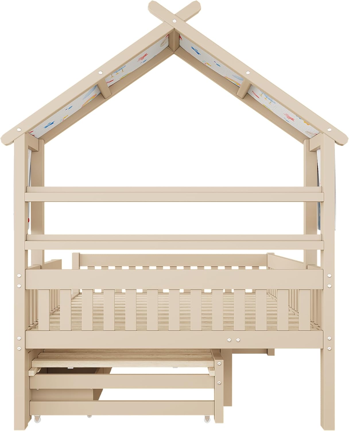 Merax Kinderbett 140x200 Hausbett mit Ausziehbett und 3 Schubladen, Jugendbett mit Rausfallschutz und Stauraum, Stabiles Holzbett mit Stoffdach für Kinder & Jugendliche, Kiefernholz, Weiß — Ansicht 6