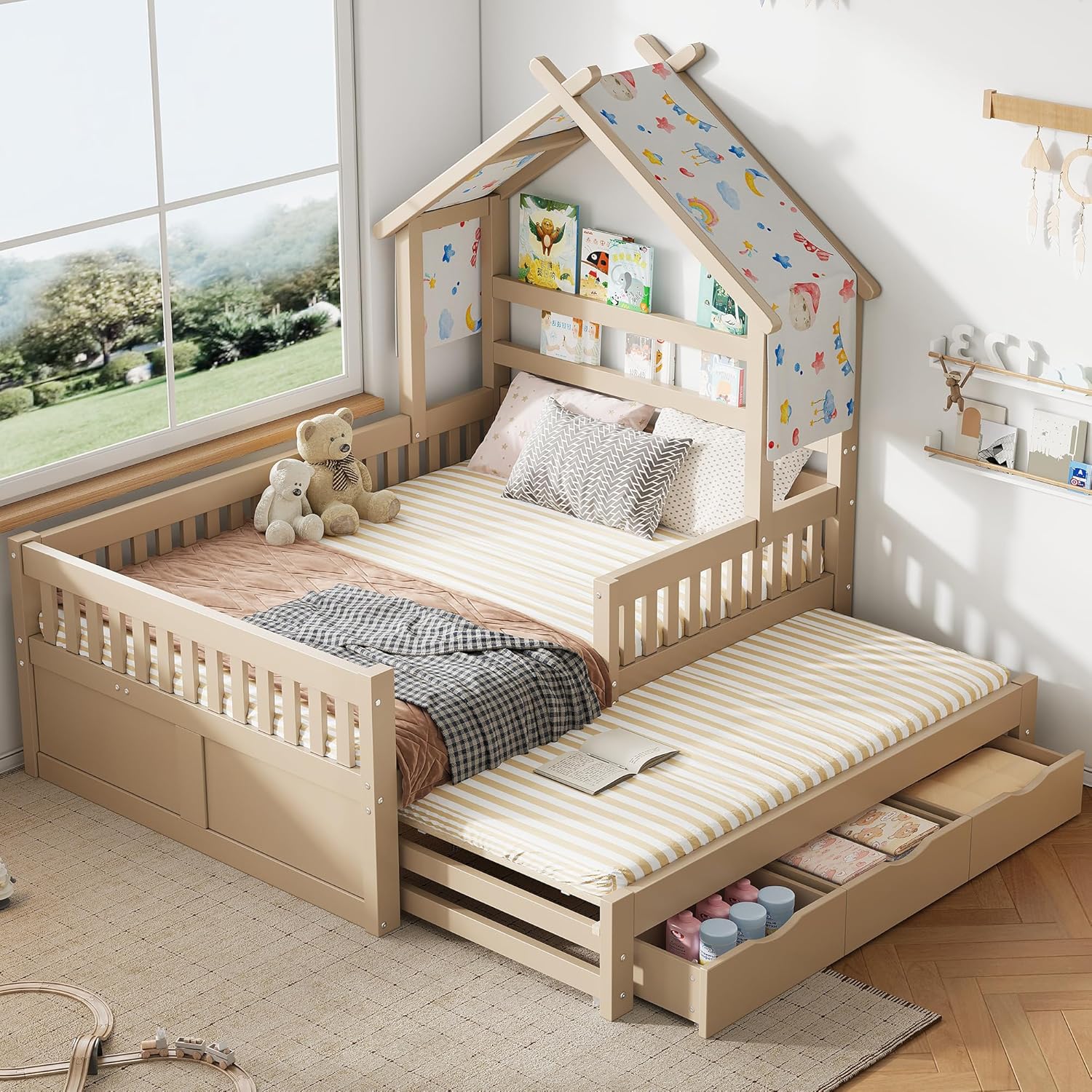 Merax Kinderbett 140x200 Hausbett mit Ausziehbett und 3 Schubladen, Jugendbett mit Rausfallschutz und Stauraum, Stabiles Holzbett mit Stoffdach für Kinder & Jugendliche, Kiefernholz, Weiß