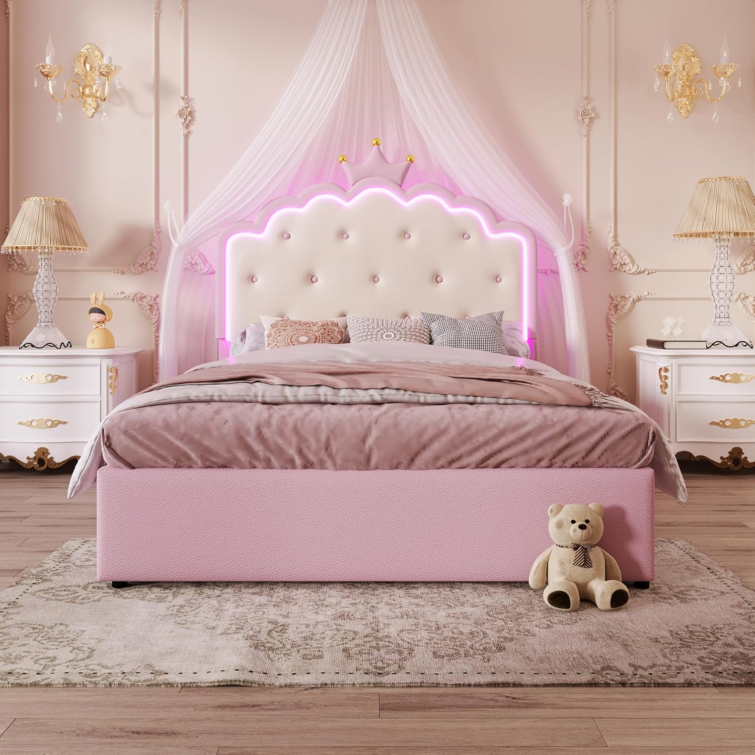 Merax Kinderbett 140x200, Polsterbett für Mädchen Kronen-Doppelbett mit LED-Streifen, Bettrahmen mit Lattenrost, Ausziehbett und 2 Schubladen (ohne Matratze), aus PU-Leder, Rosa — Ansicht 4