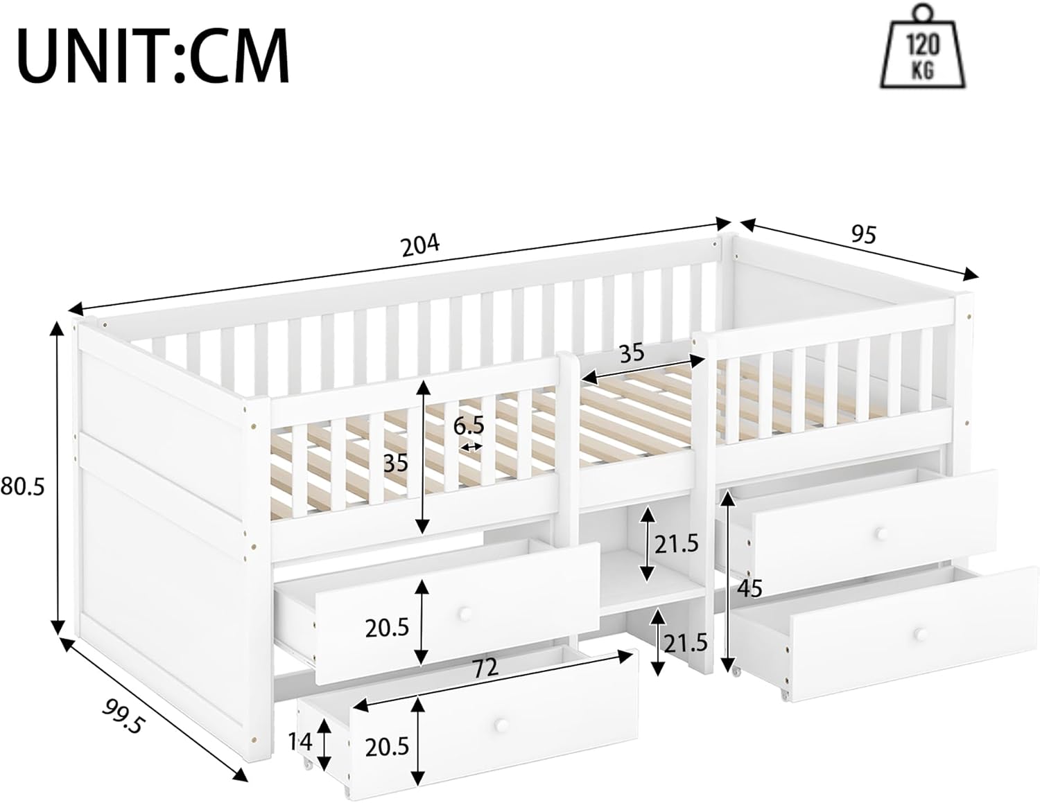 Merax Kinderbett 90x200 cm, Funktionsbett mit Stauraum, Holzbett mit Lattenrost & 4 Schubladen, Jugendbett mit Leiter und Rausfallschutz - Kiefer massivholz, ohne Matratze, weiß — Ansicht 2