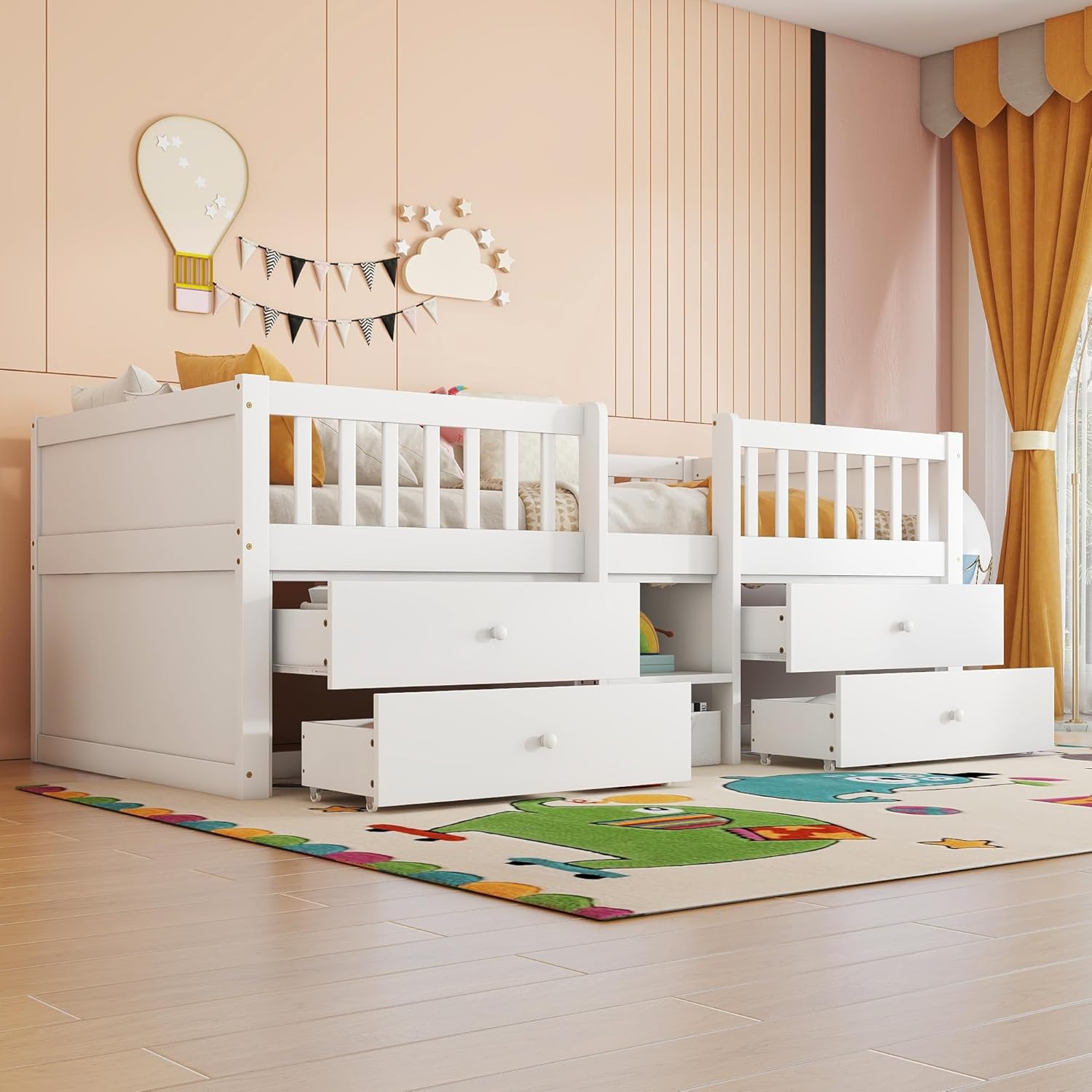 Merax Kinderbett 90x200 cm, Funktionsbett mit Stauraum, Holzbett mit Lattenrost & 4 Schubladen, Jugendbett mit Leiter und Rausfallschutz - Kiefer massivholz, ohne Matratze, weiß — Ansicht 6