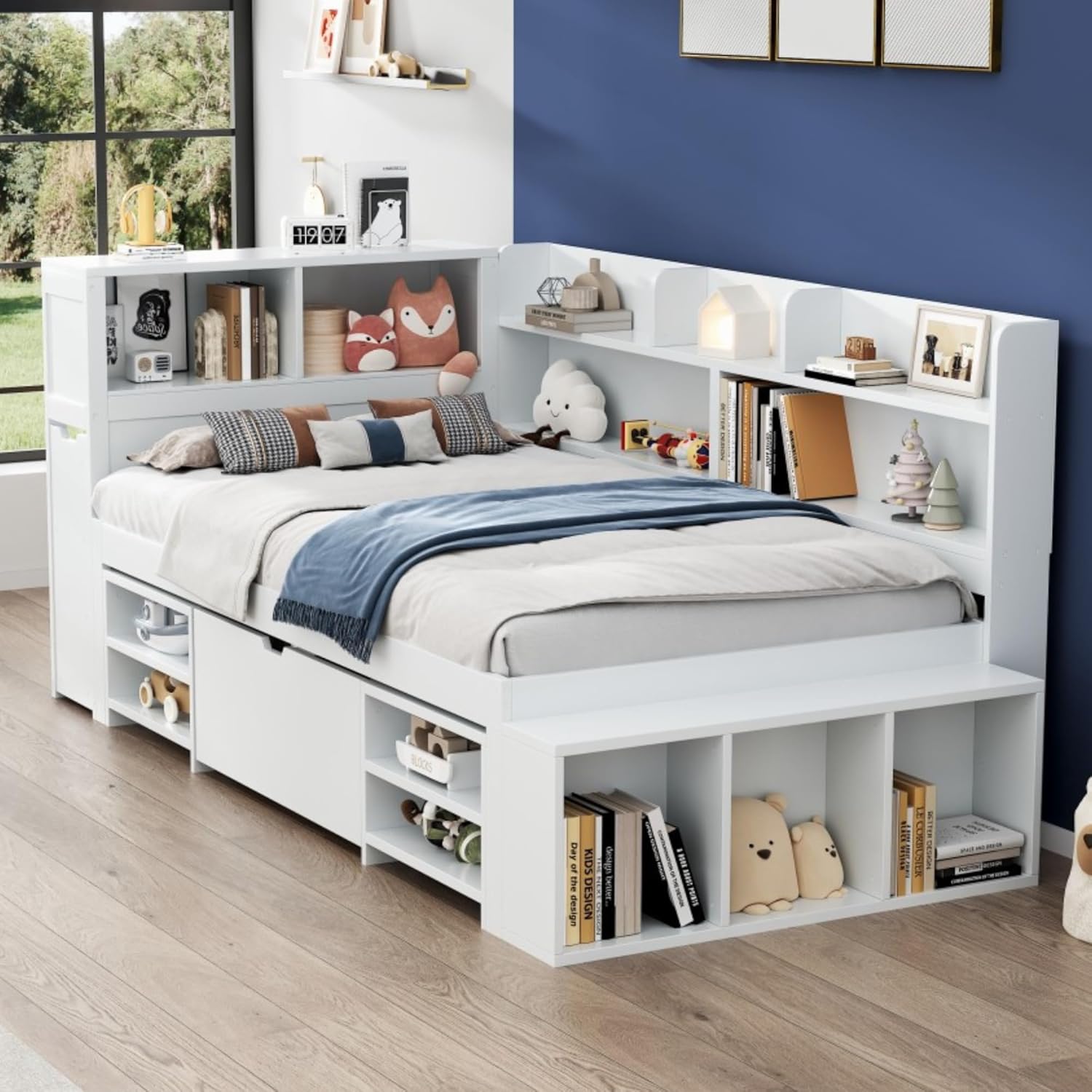 Merax Kinderbett 90x200 cm mit Stauraum, Einzelbett Funktionsbett Jugendbett mit Schubladen, Stauschrankgal, Bücherregal, Nachttisch, Ohne Matratze, Weiß/254x109x91cm — Ansicht 4