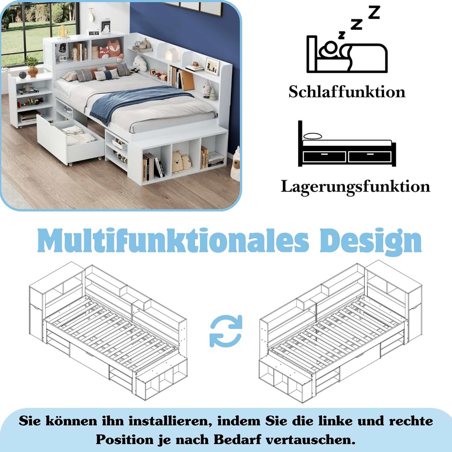 Merax Kinderbett 90x200 cm mit Stauraum, Einzelbett Funktionsbett Jugendbett mit Schubladen, Stauschrankgal, Bücherregal, Nachttisch, Ohne Matratze, Weiß/254x109x91cm — Ansicht 5