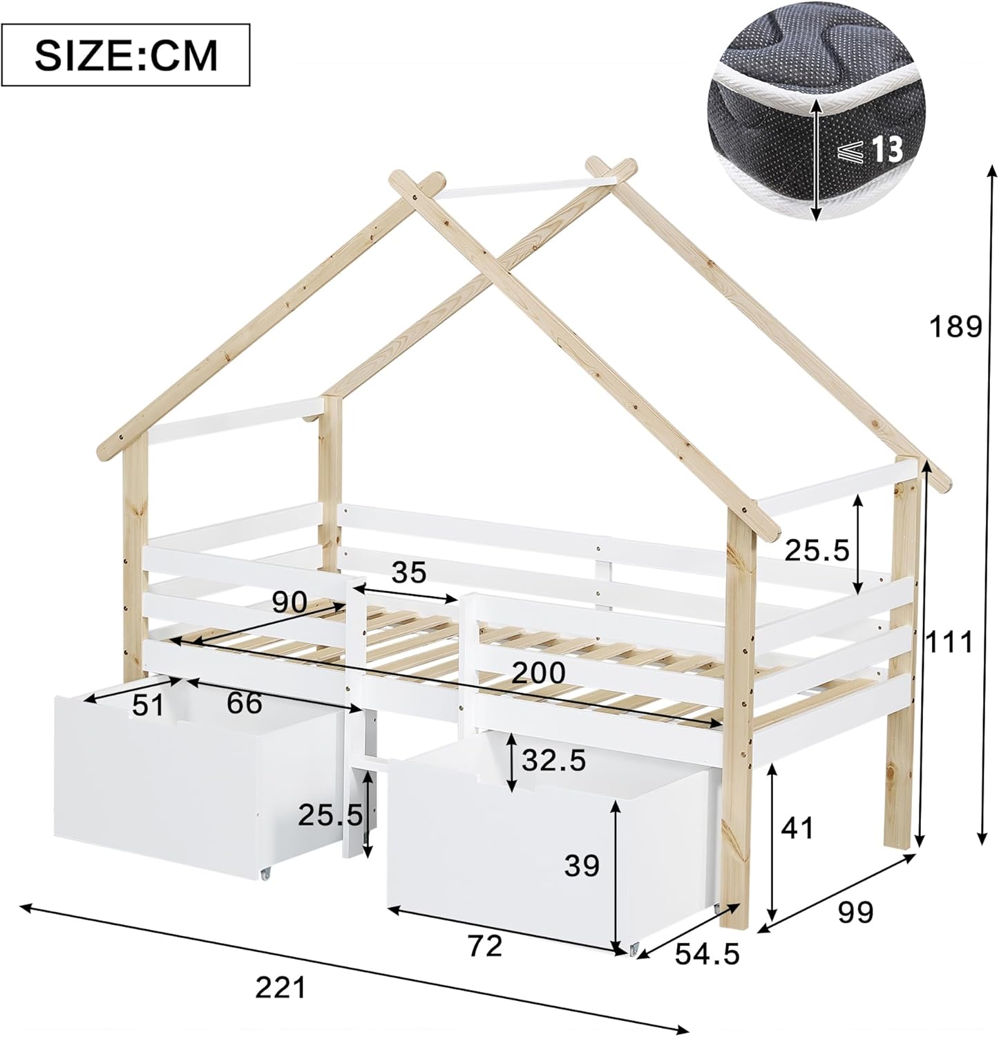 Merax Kinderbett 90x200cm, Hausbett mit 2 Schubladen & Kleine Leiter, Holzbett mit Rausfallschutz, Dach & Lattenrost, Stabiles Bettenhaus mit Vierseitiger Zaun, Halbhohes Bett für Mädchen/Jungen, Weiß — Ansicht 2