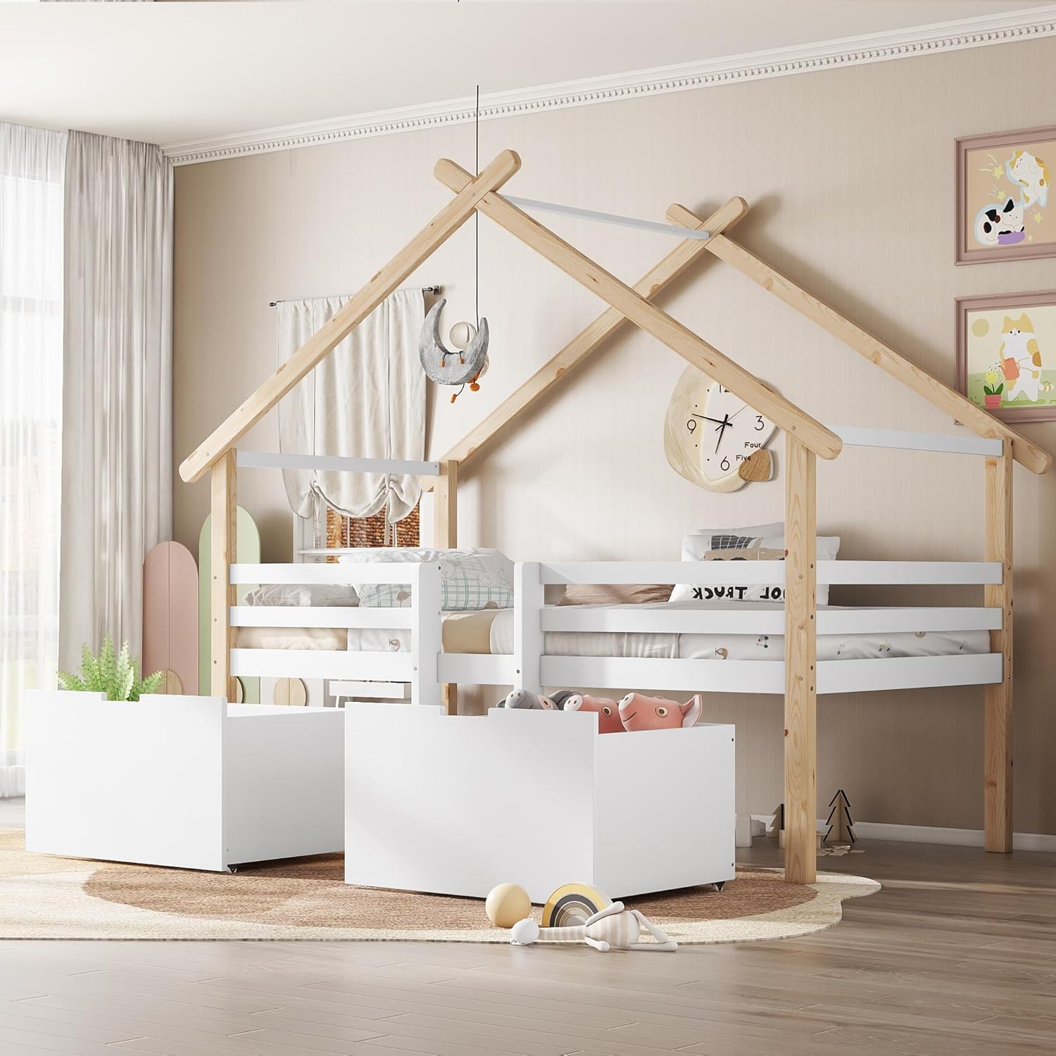 Merax Kinderbett 90x200cm, Hausbett mit 2 Schubladen & Kleine Leiter, Holzbett mit Rausfallschutz, Dach & Lattenrost, Stabiles Bettenhaus mit Vierseitiger Zaun, Halbhohes Bett für Mädchen/Jungen, Weiß — Ansicht 3