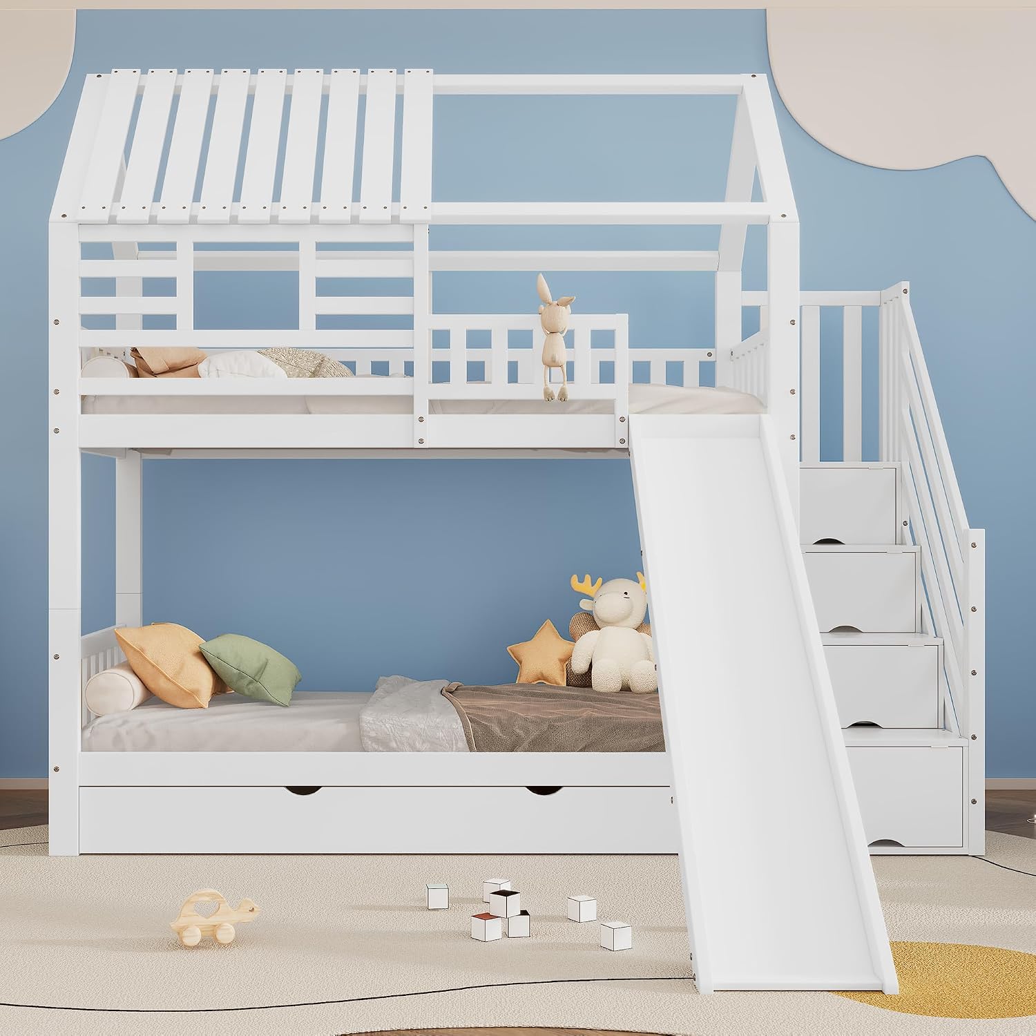 Merax Kinderbett Etagenbett 90x200cm, Hochbett für 2 Kinder, Stockbett mit Rutsche & Stauraumtreppe & Große Schubladen & Rausfallschutz & 2 Lattenrost, Hausbett mit Dach & Fenster, ohne Matratze, Weiß — Ansicht 3