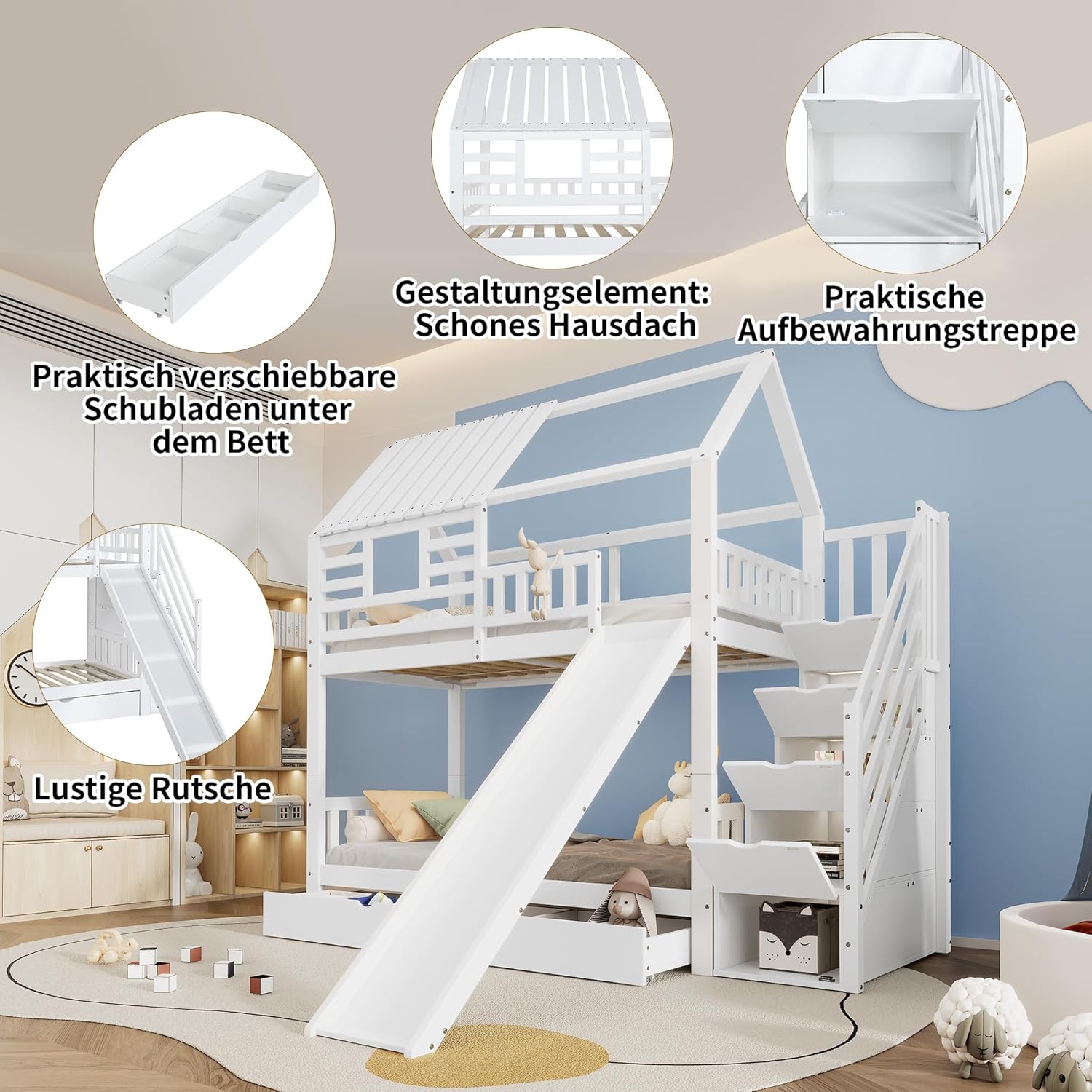 Merax Kinderbett Etagenbett 90x200cm, Hochbett für 2 Kinder, Stockbett mit Rutsche & Stauraumtreppe & Große Schubladen & Rausfallschutz & 2 Lattenrost, Hausbett mit Dach & Fenster, ohne Matratze, Weiß — Ansicht 5