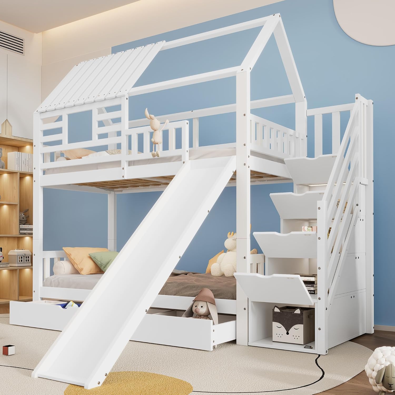 Merax Kinderbett Etagenbett 90x200cm, Hochbett für 2 Kinder, Stockbett mit Rutsche & Stauraumtreppe & Große Schubladen & Rausfallschutz & 2 Lattenrost, Hausbett mit Dach & Fenster, ohne Matratze, Weiß