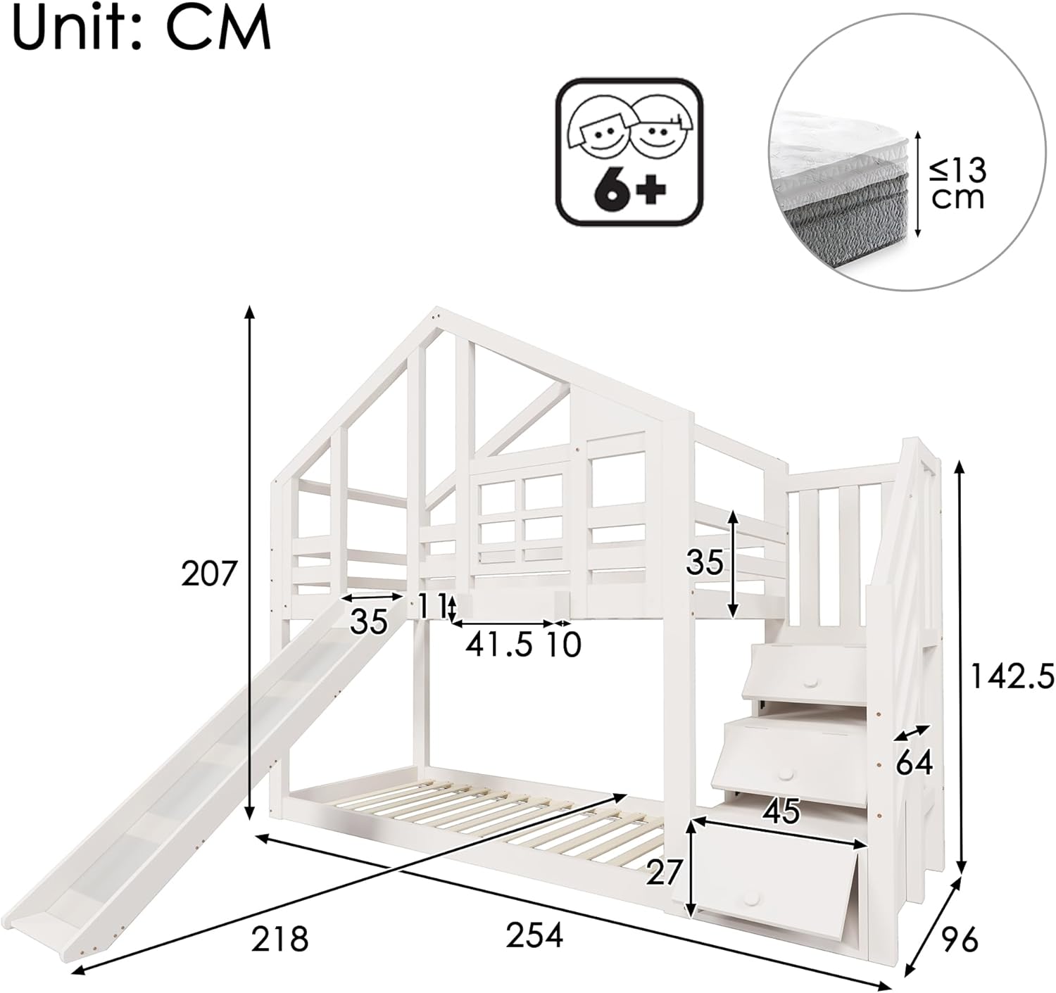 Merax Kinderbett Etagenbett 90x200cm Housebett Stockbett Hochbett mit Rutsche,Treppe Staufach Stauraum,Lattenrost,Rausfallschutz,mit Fenster, für 2 Kinder, Ohne Matratze,Weiß/254×96×207cm — Ansicht 2