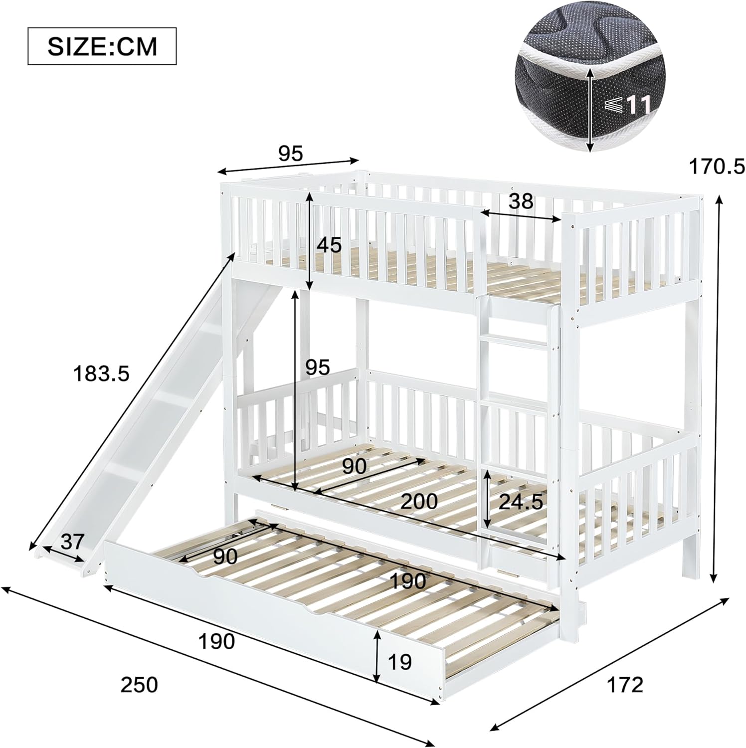 Merax Kinderbett Etagenbett mit Rutsche für 3 Kinder, Hochbett mit Rollbett und Lagerregal, Holzbett Stockbett Bettgestell mit Rausfallschutz und 3 Lattenrost, Familienbett, Weiß, 90x200/190 cm — Ansicht 2