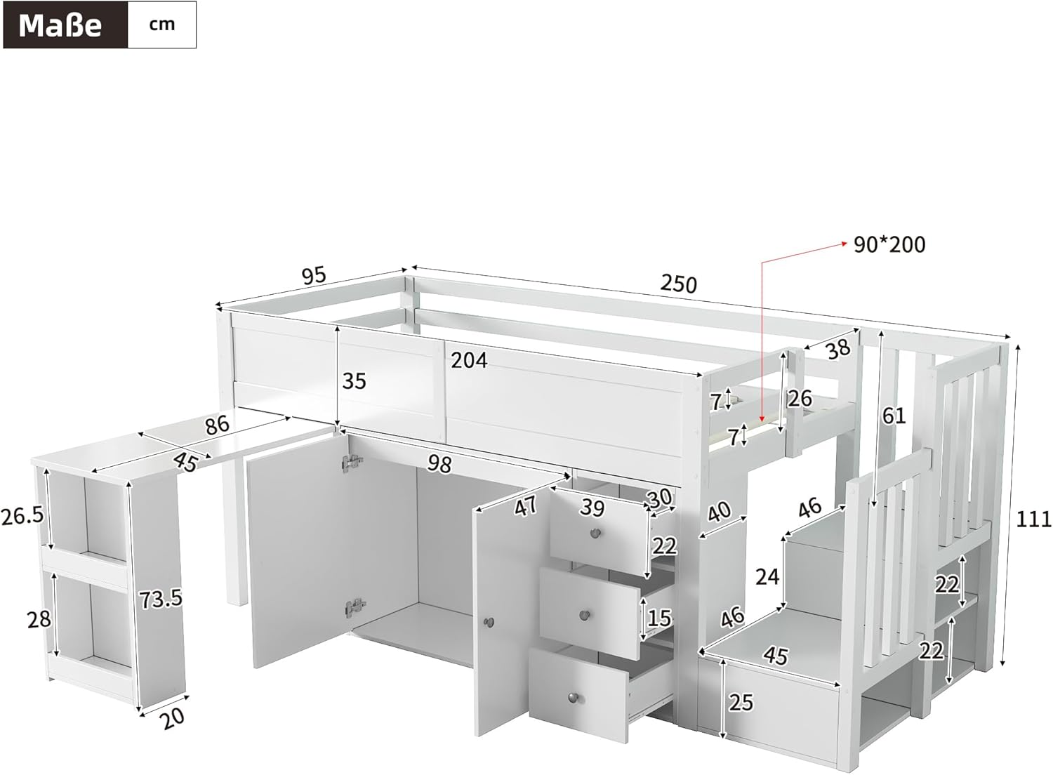 Merax Kinderbett Halbhochbett 90x200 cm,mit ausziehbarem Schreibtisch für Kinder&Schrank&Schubladen,Hochbett mit Treppe Staufach Stauraum,Lattenrost,Rausfallschutz,Ohne Matratze,Weiß/250x95x111cm — Ansicht 2