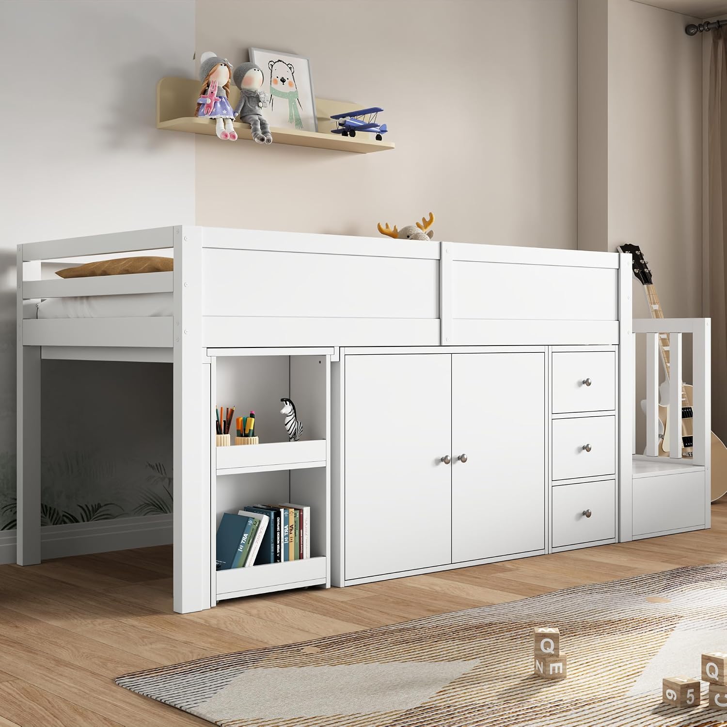 Merax Kinderbett Halbhochbett 90x200 cm,mit ausziehbarem Schreibtisch für Kinder&Schrank&Schubladen,Hochbett mit Treppe Staufach Stauraum,Lattenrost,Rausfallschutz,Ohne Matratze,Weiß/250x95x111cm — Ansicht 5