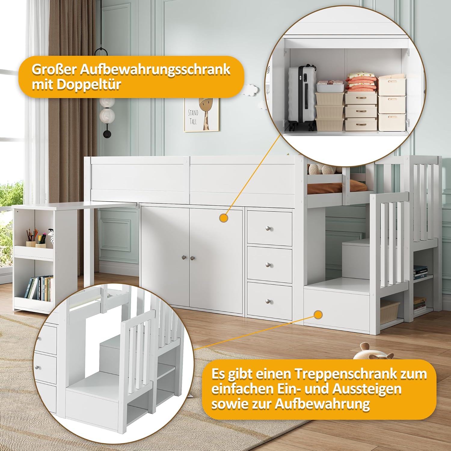 Merax Kinderbett Halbhochbett 90x200 cm,mit ausziehbarem Schreibtisch für Kinder&Schrank&Schubladen,Hochbett mit Treppe Staufach Stauraum,Lattenrost,Rausfallschutz,Ohne Matratze,Weiß/250x95x111cm — Ansicht 6