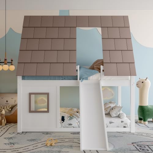 Merax Kinderbett Hochbett 140x200 cm – Hausbett mit Dach, Leiter und Rutsche, Etagenbett aus massivem Holz, Weiß+Braun – Spiel- & Schlafbereich für Kinder