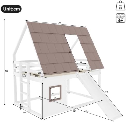 Merax Kinderbett Hochbett 140x200 cm – Hausbett mit Dach, Leiter und Rutsche, Etagenbett aus massivem Holz, Weiß+Braun – Spiel- & Schlafbereich für Kinder — Ansicht 2