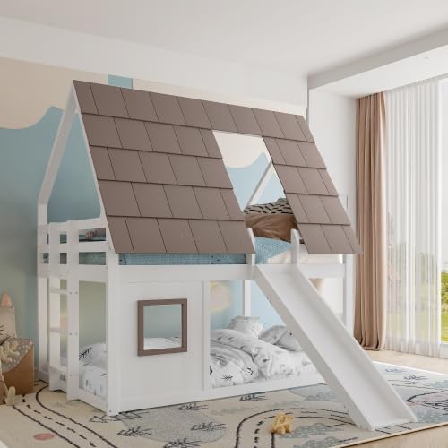 Merax Kinderbett Hochbett 140x200 cm – Hausbett mit Dach, Leiter und Rutsche, Etagenbett aus massivem Holz, Weiß+Braun – Spiel- & Schlafbereich für Kinder — Ansicht 3
