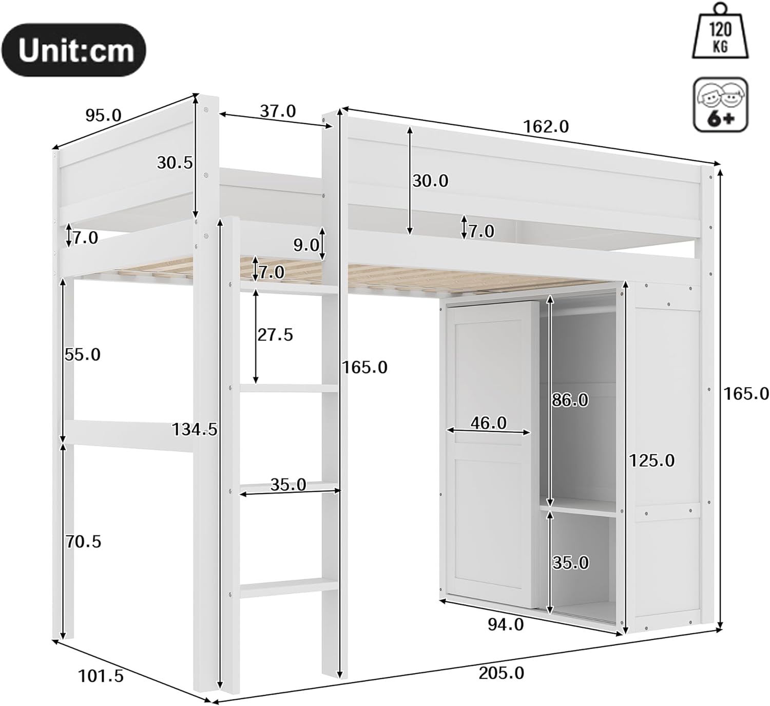 Merax Kinderbett Hochbett 90x200 cm mit Kleiderschrank, Staufach und offener Unterbettraum, aus Kiefernholz, Bettgestell mit Lattenrost(ohne Matratze) für Kinderzimmer, Weiß — Ansicht 2