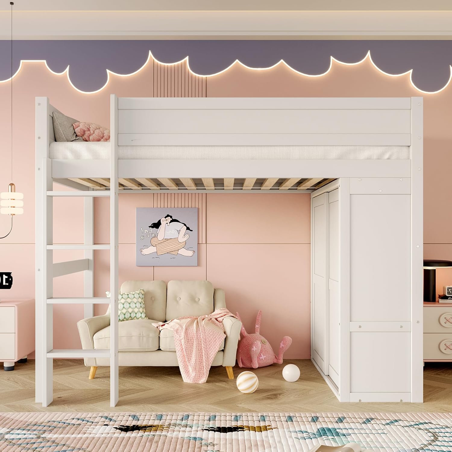Merax Kinderbett Hochbett 90x200 cm mit Kleiderschrank, Staufach und offener Unterbettraum, aus Kiefernholz, Bettgestell mit Lattenrost(ohne Matratze) für Kinderzimmer, Weiß — Ansicht 5