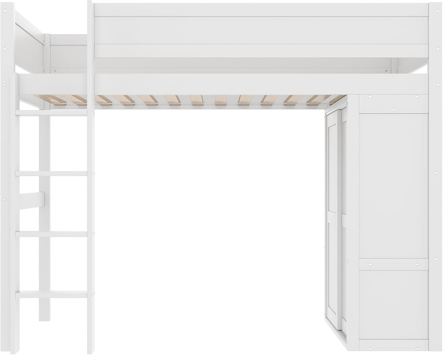 Merax Kinderbett Hochbett 90x200 cm mit Kleiderschrank, Staufach und offener Unterbettraum, aus Kiefernholz, Bettgestell mit Lattenrost(ohne Matratze) für Kinderzimmer, Weiß — Ansicht 6