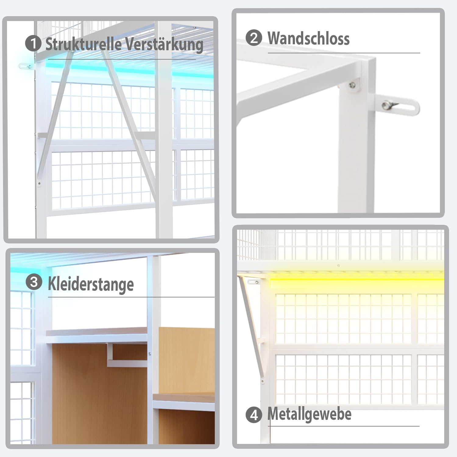 Merax Kinderbett Hochbett 90x200 cm, mit LED, Treppe Staufach Stauraum und offenem Kleiderschrank, Jugend Metall Spielbett mit Wandgitter, Ohne Matratze, Weiß/255×95×170cm — Ansicht 6