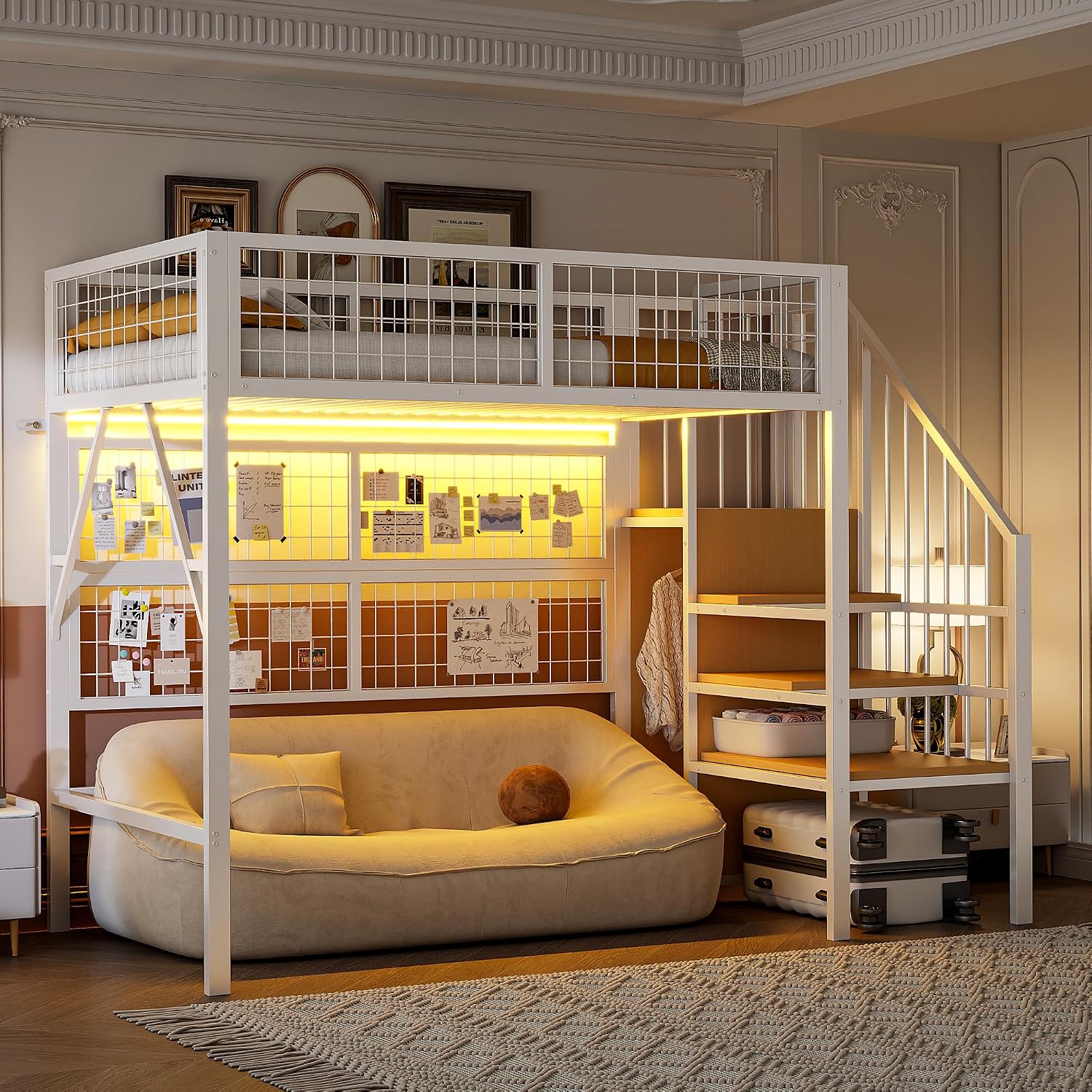 Merax Kinderbett Hochbett 90x200 cm, mit LED, Treppe Staufach Stauraum und offenem Kleiderschrank, Jugend Metall Spielbett mit Wandgitter, Ohne Matratze, Weiß/255×95×170cm