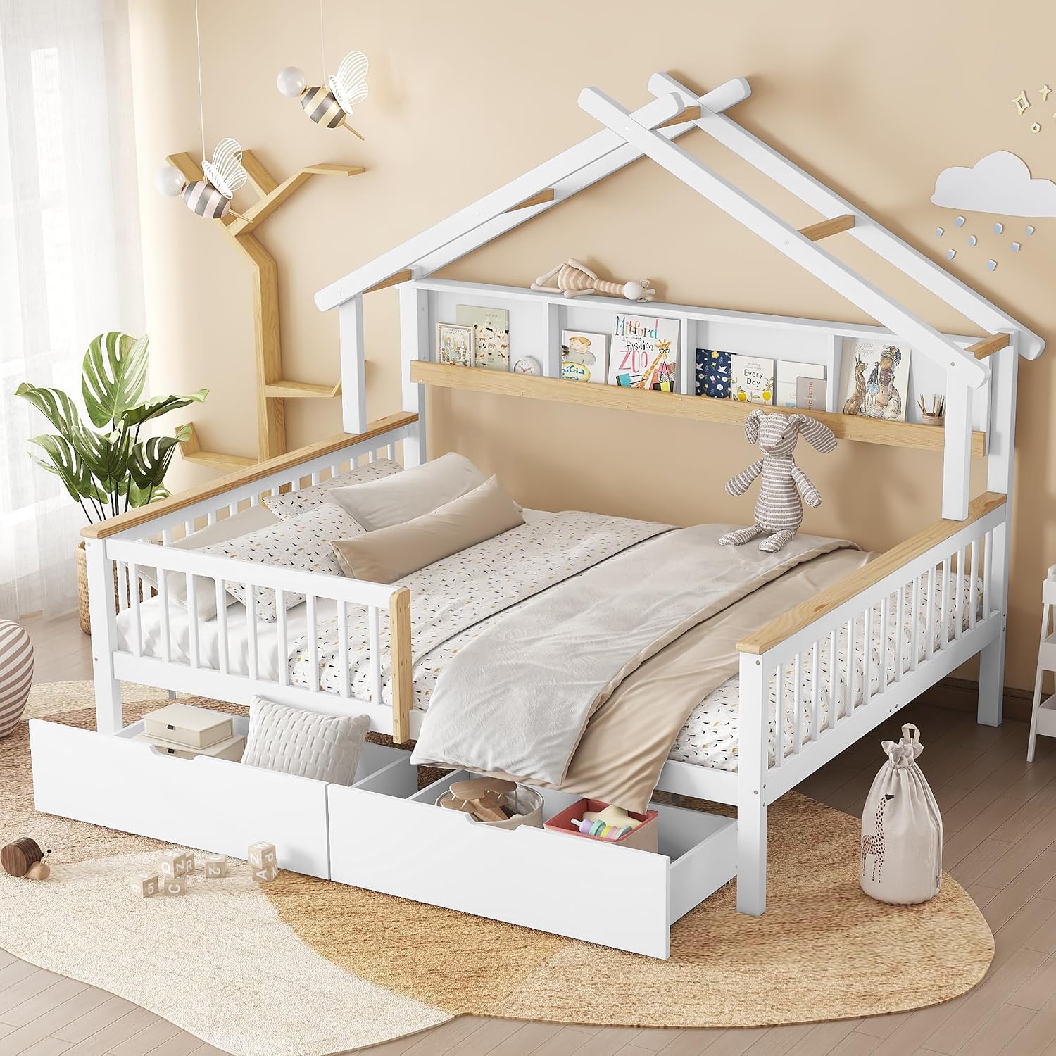 Merax Kinderbett Jugendbett 140x200cm, Hausbett mit Schubladen und Lagerregal, Doppelbett mit Rausfallschutz und Lattenrost, Dachdesign, Multifunktionales Tagesbett für Jungen und Mädchen, Weiß&Natur — Ansicht 4