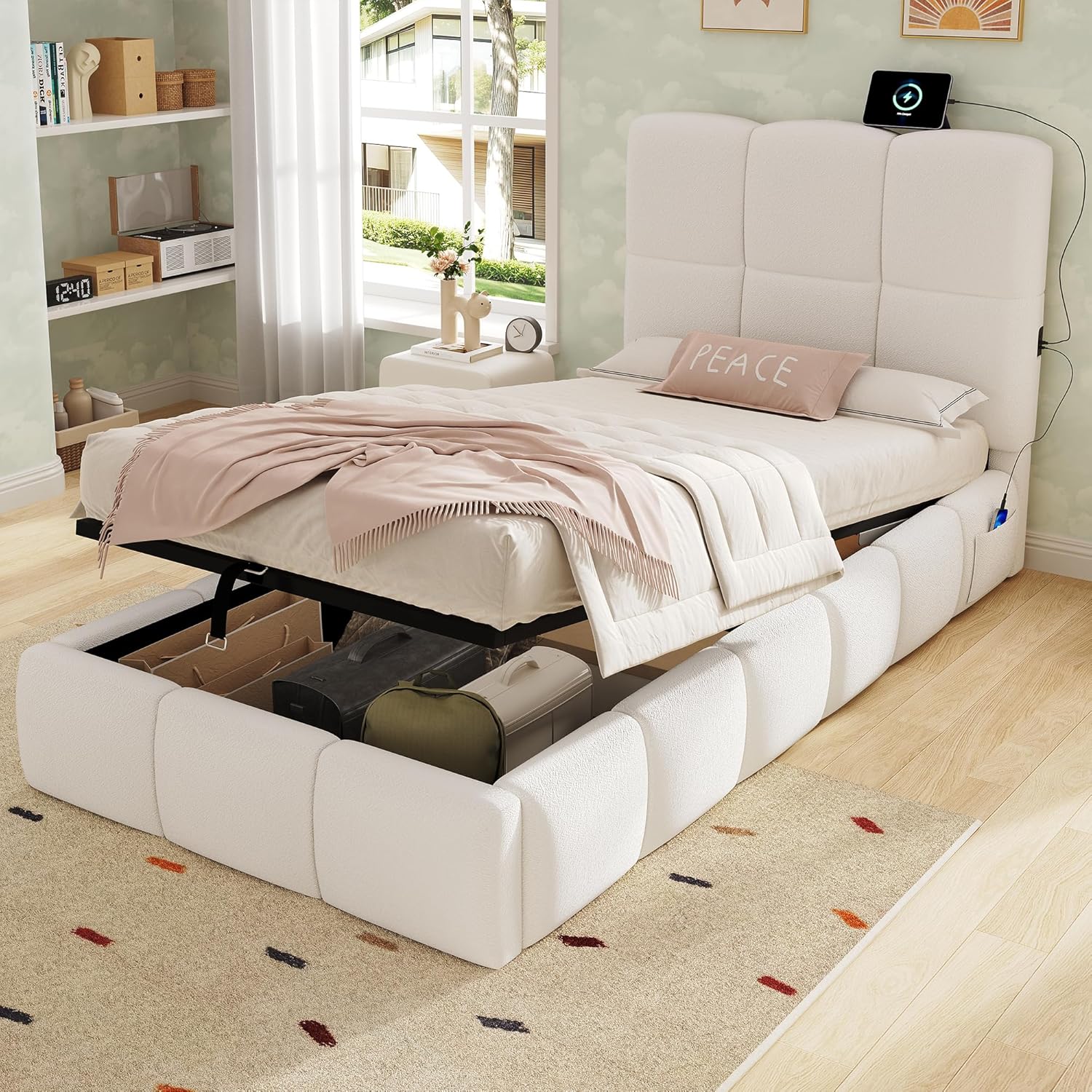 Merax Kinderbett Polsterbett 90x200cm hydraulisches Funktionsbett, mit Lattenrost, gepolstertes Kopfteil, USB-Ladeanschluss, Bouclé, Beige(ohne Matratze)