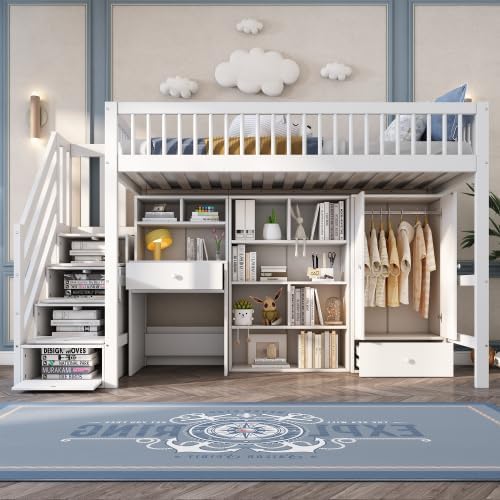 Merax Kinderhochbett 90x200 cm, Weiß, Multifunktionales Etagenbett mit Schreibtisch, Treppe, Kleiderschrank, Aufbewahrungsschubladen, Massivholz + MDF, Ohne Matratze