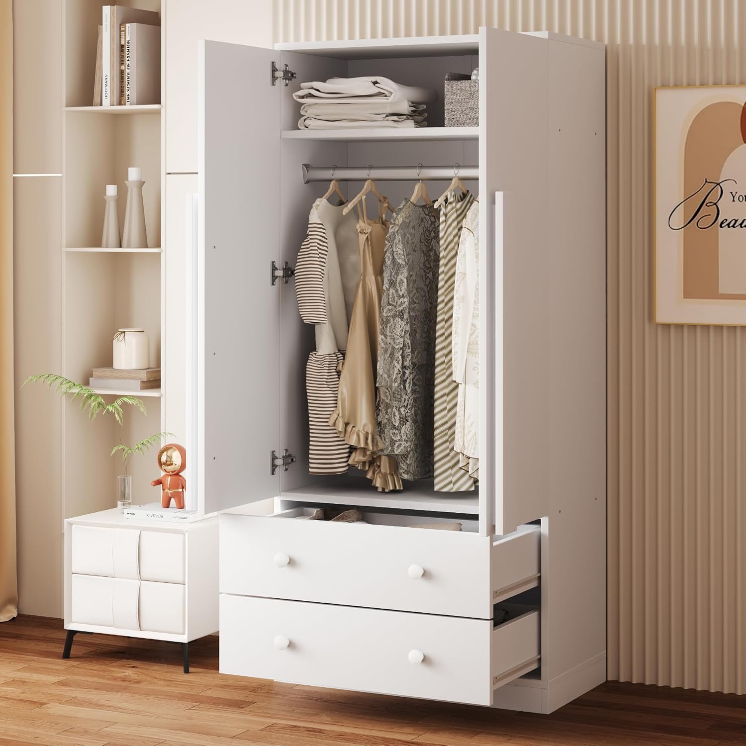 Merax Kleiderschrank 70L x 40B x 170H cm, Multifonctionnel Kleiderschränke mit Schubladen und Ablagefächern, Weiß — Ansicht 4