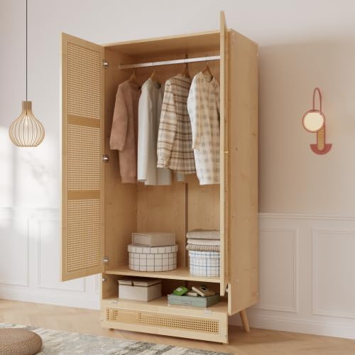 Merax Kleiderschrank Landhausstil Natur 90x45x183 cm – Vintage Holz Schrank mit Rattan, 2 Türen, Kleiderstange & Flip-Top-Deckel – Begehbarer Kleiderschrank/Garderobenschrank — Ansicht 6