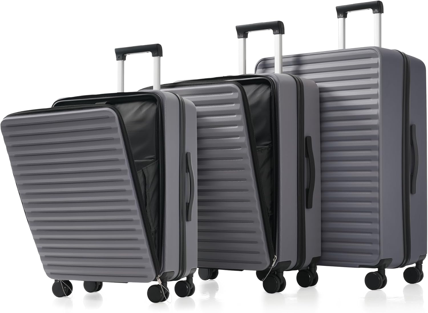 Merax Kofferset 3tlg, Hartschalenkofferset Reisekofferset, Erweiterbar Trolley Koffer mit Frontöffnung, TSA Schloss, 4 360°-Rollen, Teleskopgriff, klappbarer Becherhalter, ABS-Hartschale, Antikgrau