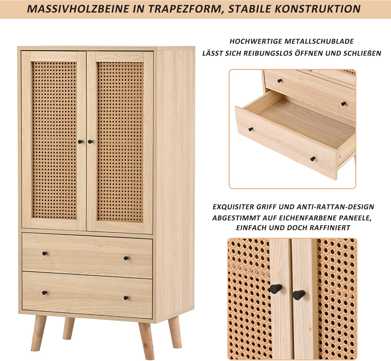 Merax Kommode mit 2 große Schubladen und 2 Türen, Badezimmerschrank aus Holz mit Rattan Türen, Highboard Küchenschrank Bücherschrank, für Schlafzimmer & Wohnräume & Büro, Offwhite, 60 x 40 x 120 cm — Ansicht 5