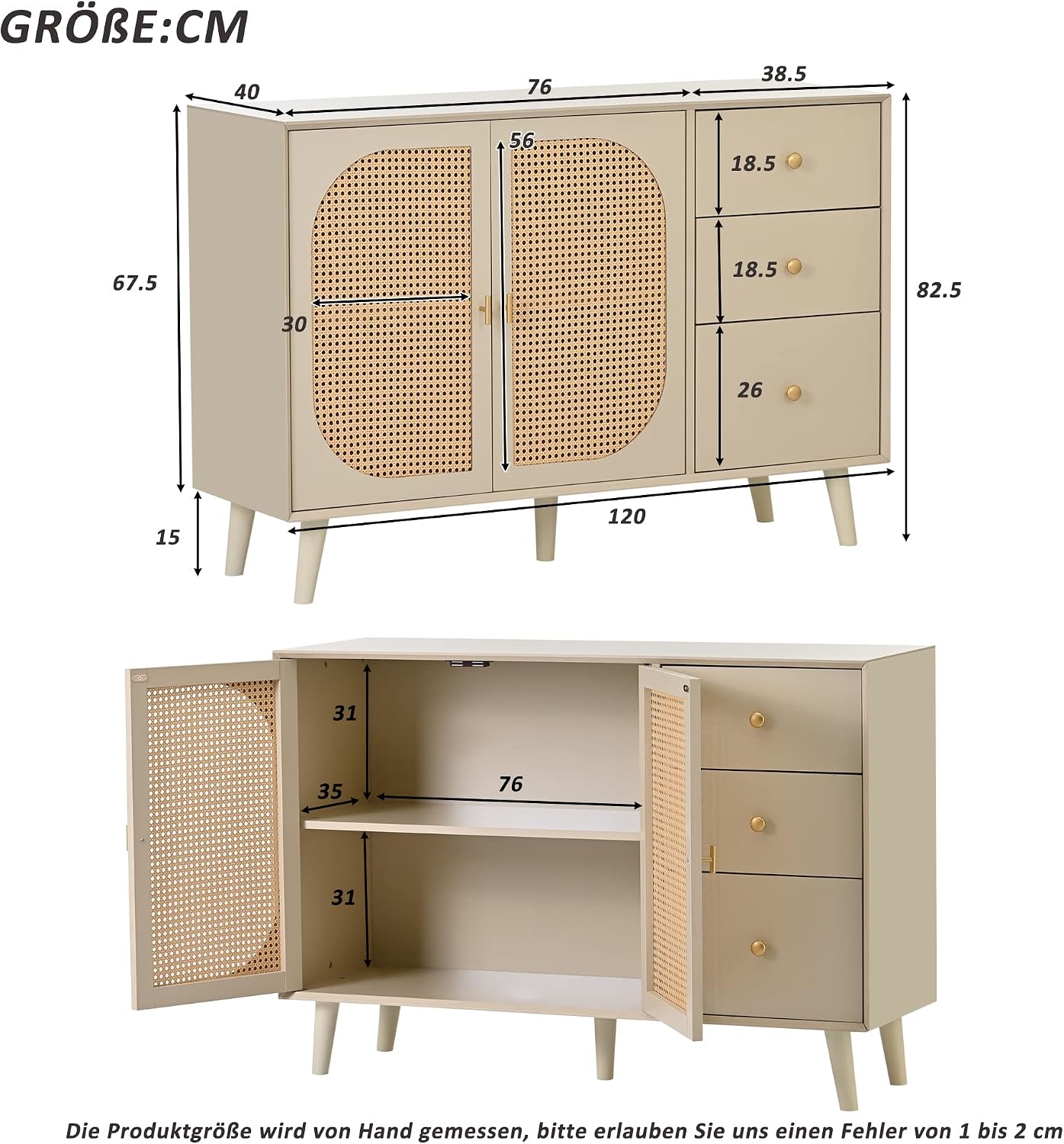 Merax Kommode mit 3 Schubladen und 2 Türen, Rattan Sideboard Schubladenschrank aus Holz, Highboard TV-Tisch mit viel Stauraum, für Schlafzimmer & Wohnräume & Büro, Offwhite, 120 x 40 x 82,5 cm — Ansicht 2
