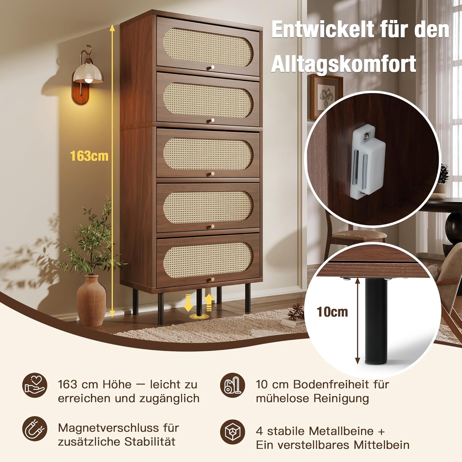 Merax Kommode mit 5 Schublade, Sideboard Nussbaum mit Rattan, Komodenschrank, Mehrzweckschrank, Kommode, Flurschrank, Highboard für Schlafzimmer und Wohnzimmer, Retro, 80x40x163 cm, Nussbaum — Ansicht 3