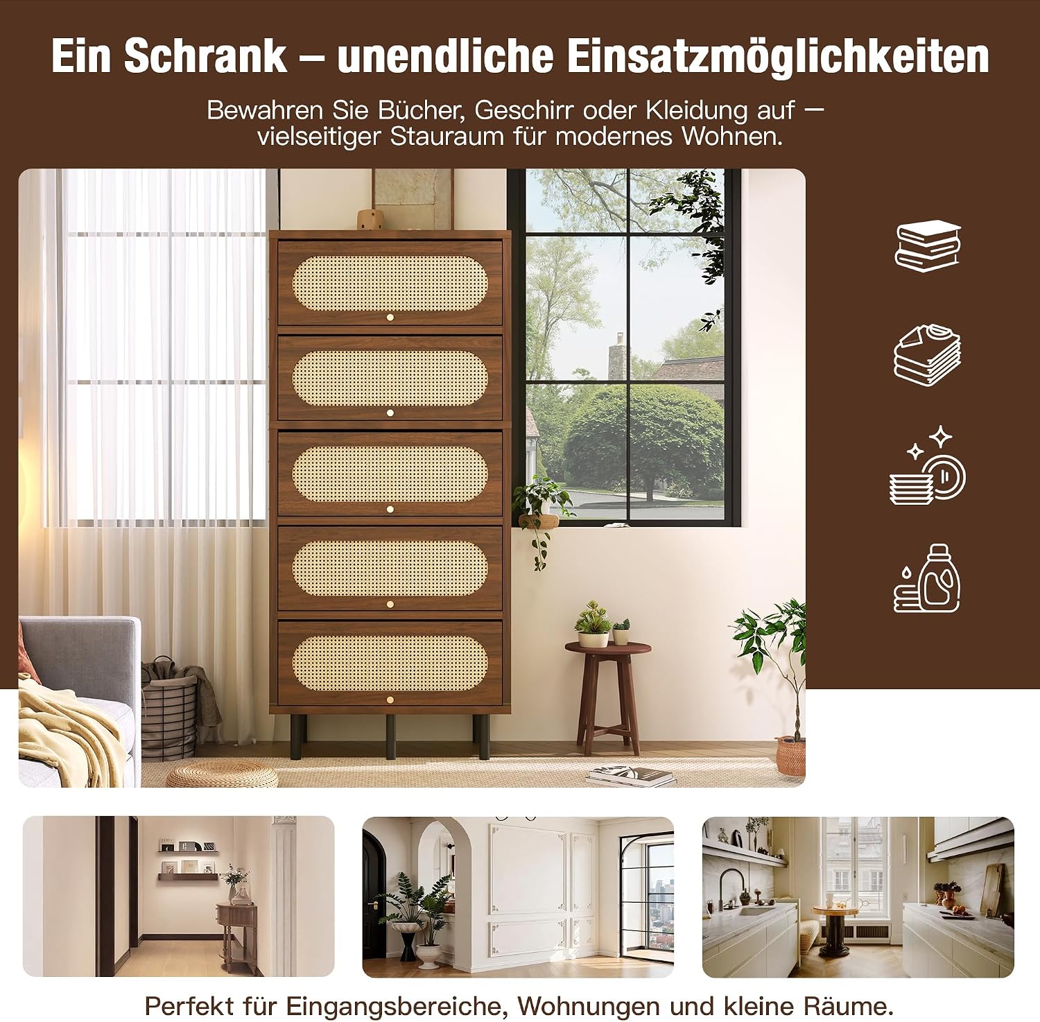 Merax Kommode mit 5 Schublade, Sideboard Nussbaum mit Rattan, Komodenschrank, Mehrzweckschrank, Kommode, Flurschrank, Highboard für Schlafzimmer und Wohnzimmer, Retro, 80x40x163 cm, Nussbaum — Ansicht 6
